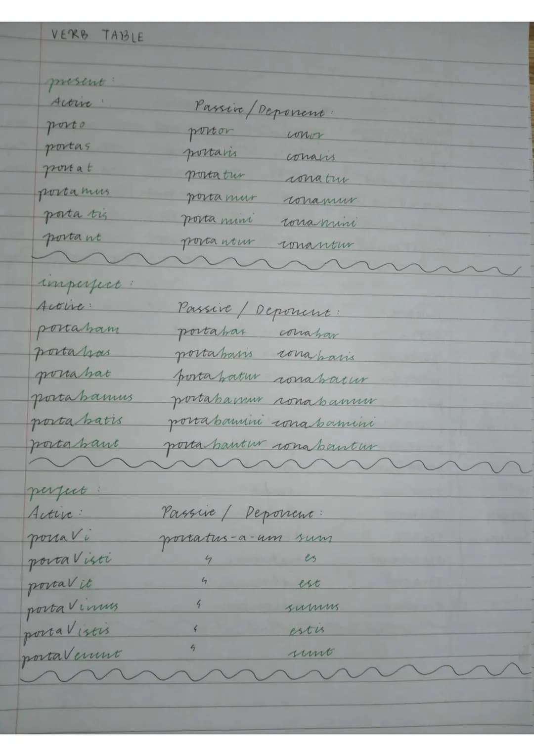 
<h3 id="presenttenseactive">Present Tense - Active</h3>
<ul>
<li>Porto</li>
<li>Portas</li>
<li>Portat</li>
<li>Portamus</li>
<li>Portatis<