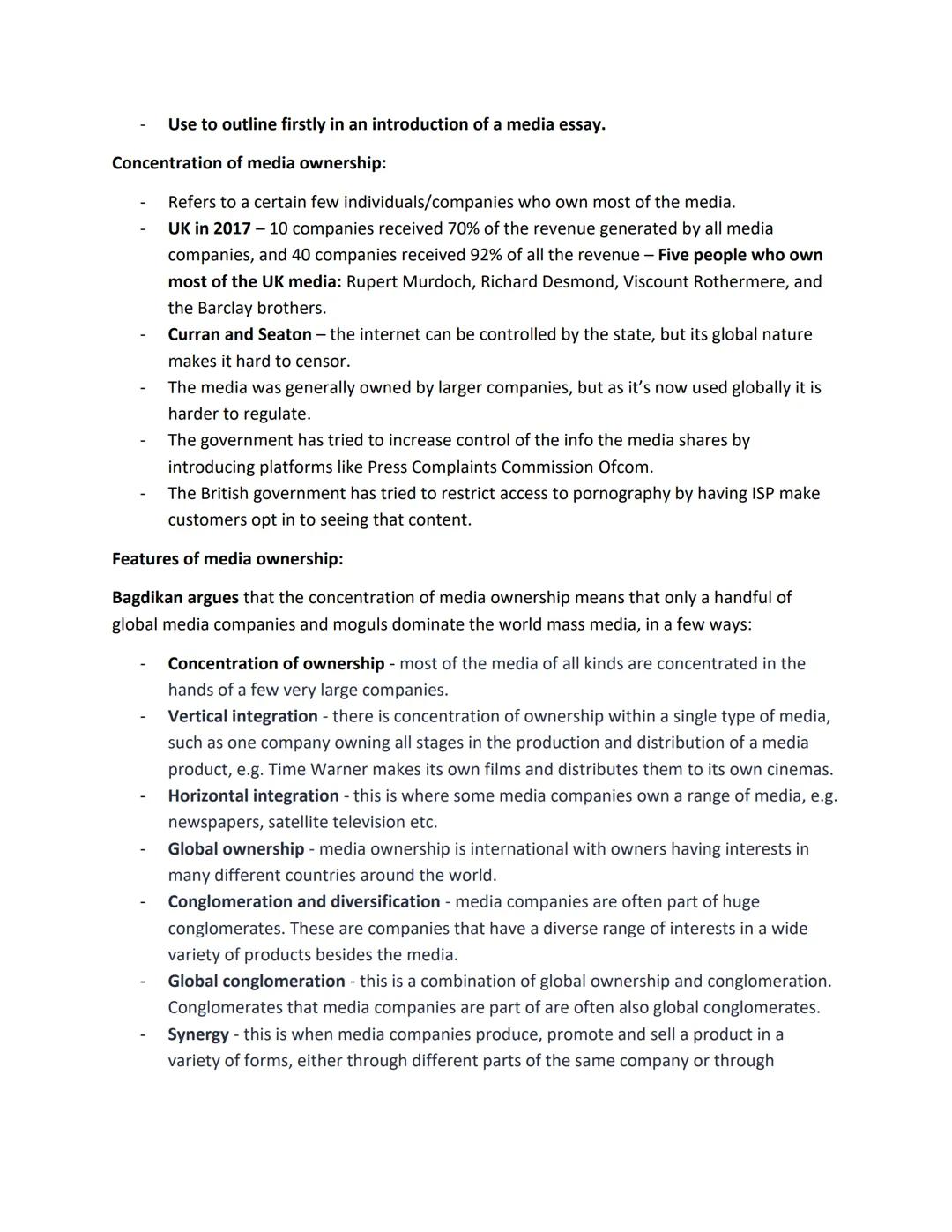 --- OCR Start ---
Topic 1 - Ownership and Control of The Media:
Key points of media ownership:
Concentration of ownership - larger companies