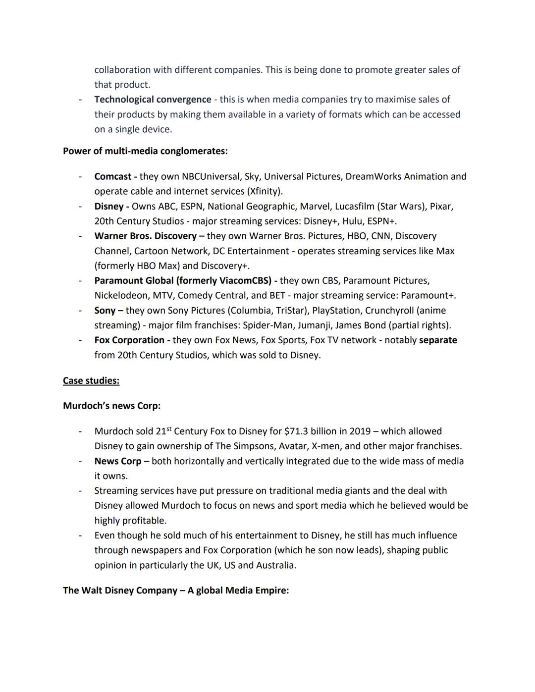 --- OCR Start ---
Topic 1 - Ownership and Control of The Media:
Key points of media ownership:
Concentration of ownership - larger companies