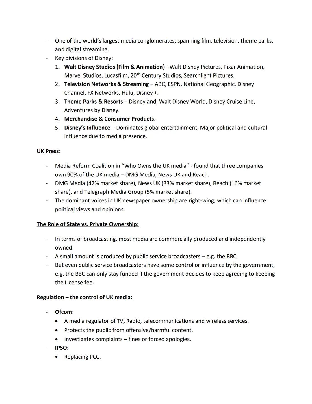 --- OCR Start ---
Topic 1 - Ownership and Control of The Media:
Key points of media ownership:
Concentration of ownership - larger companies
