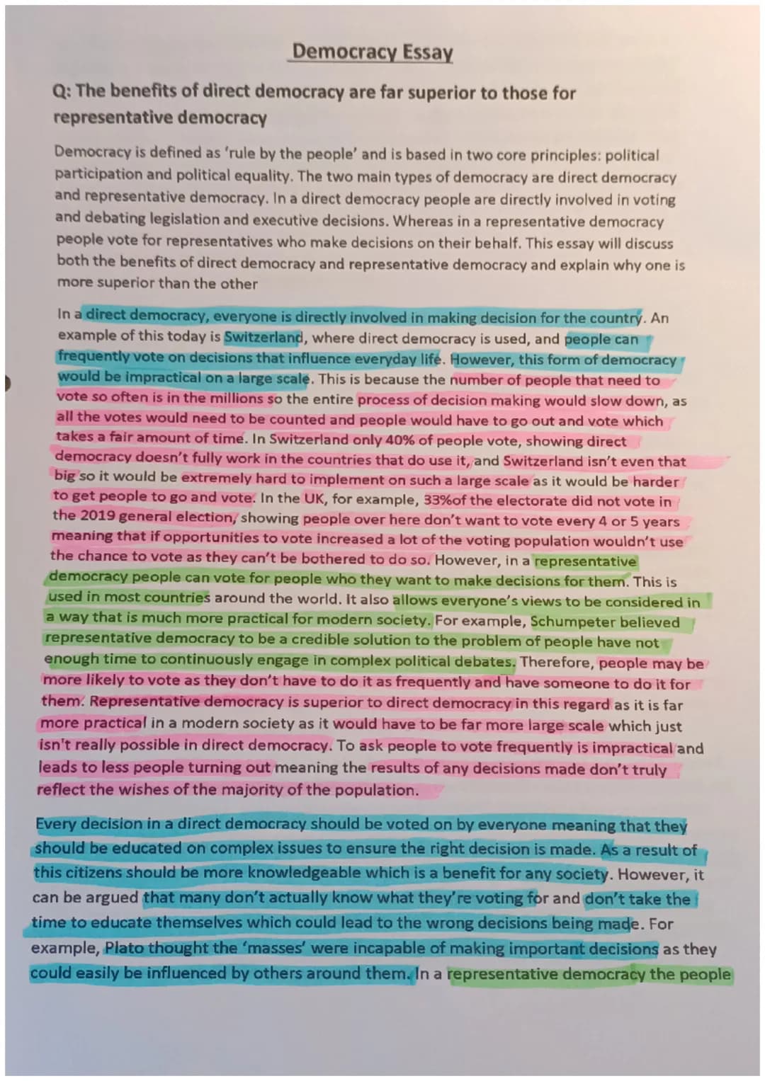 Democracy Essay
Q: The benefits of direct democracy are far superior to those for
representative democracy
Democracy is defined as 'rule by 