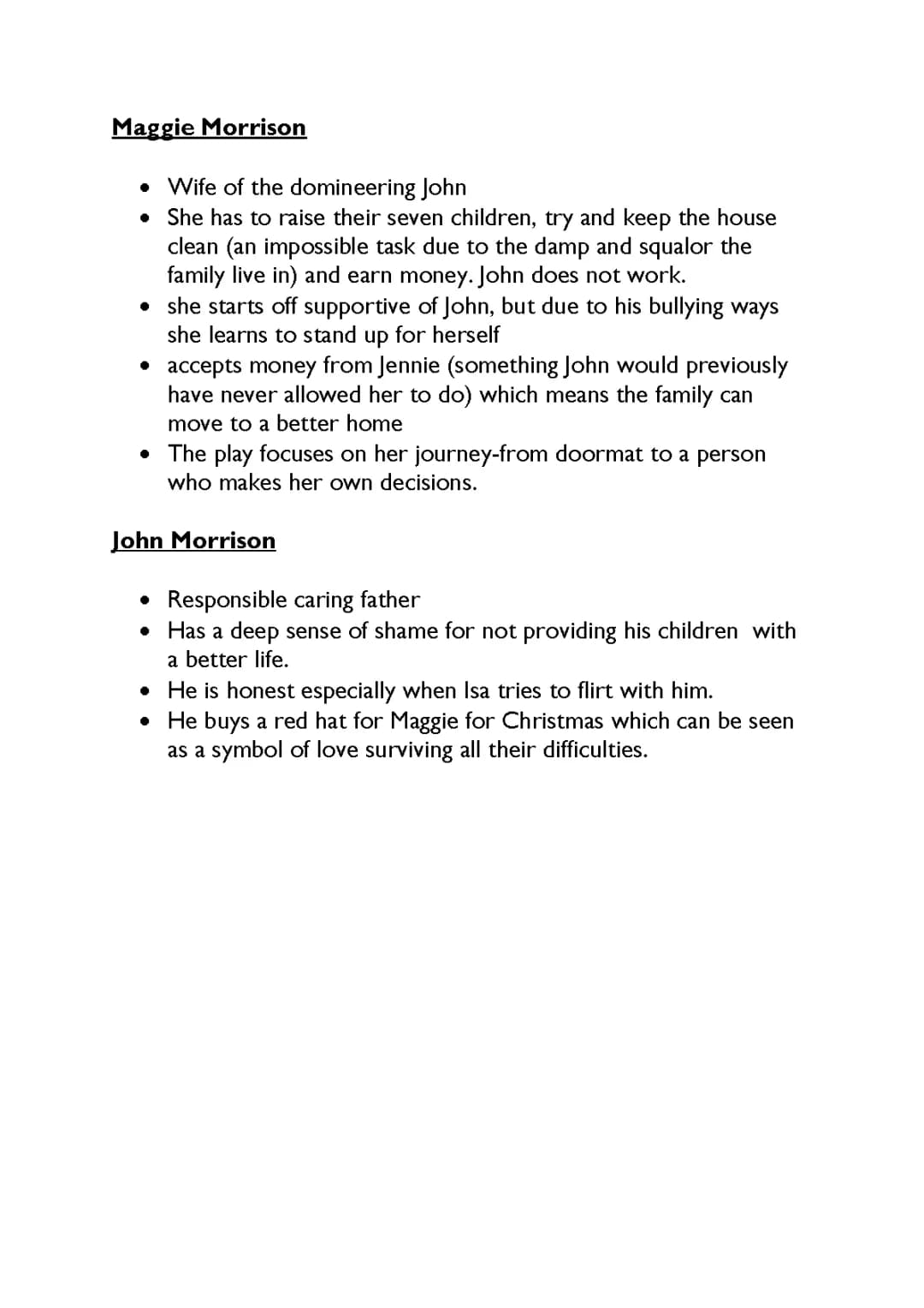 Men Should Weep - Maggie & John Morrison Brief Character Bullet Point Notes