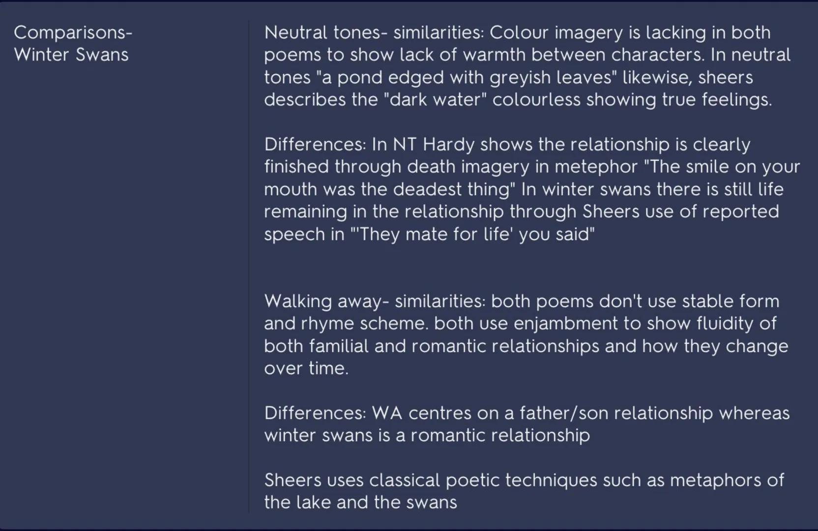 Winter Swans-
Owen Sheers
walking together by some swans. they have an argument but by
the end they reunite.
Context- welsh poet, relationsh