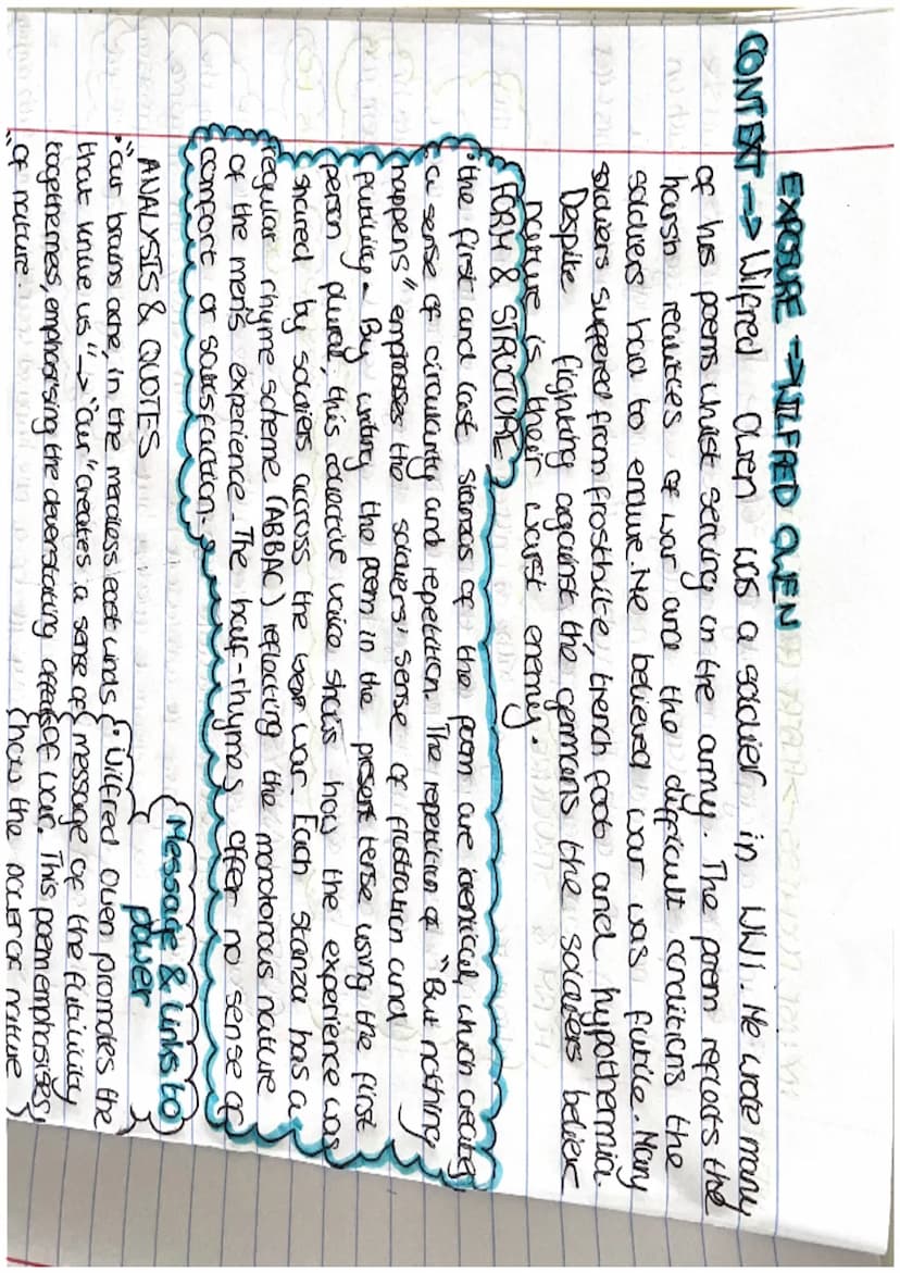 EXPOSURE WILFRED OWEN
CONTEXT Wilfred Owen was a sadier in WWI. He wrote many
of his poems whist serving in the army. The prom reflects the
