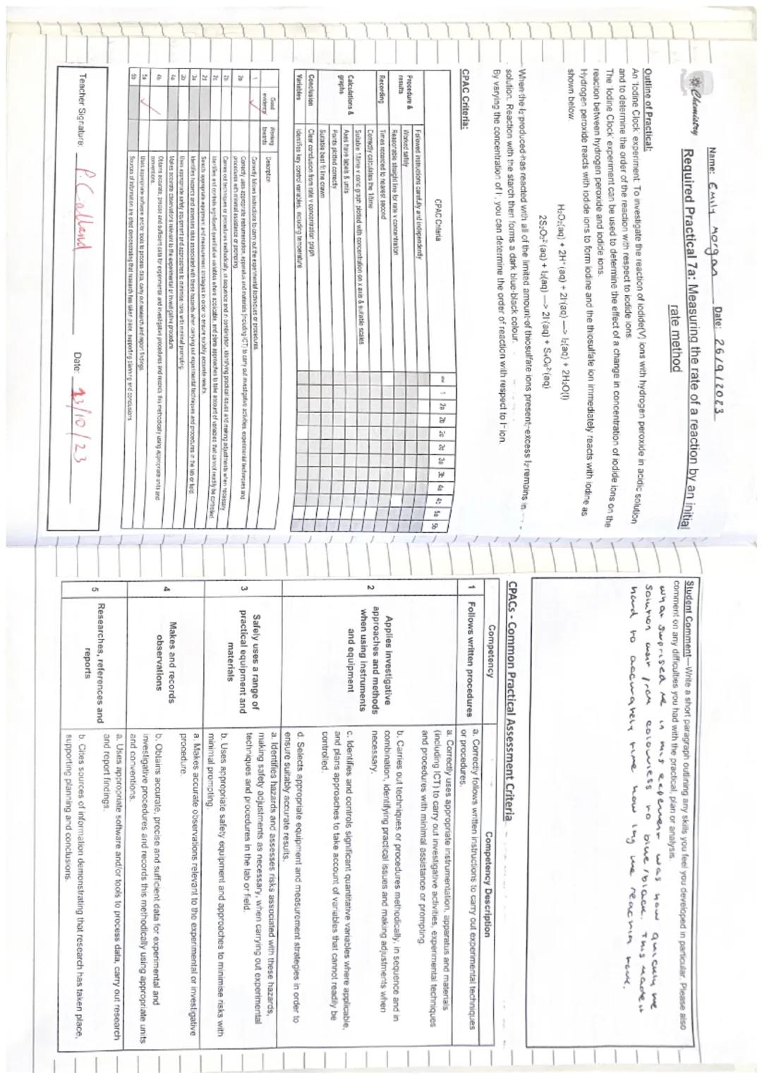 Chemistry
Outline of Practical:
Name: Emily Morgan
Date: 26/912023
Required Practical 7a: Measuring the rate of a reaction by an initial
rat