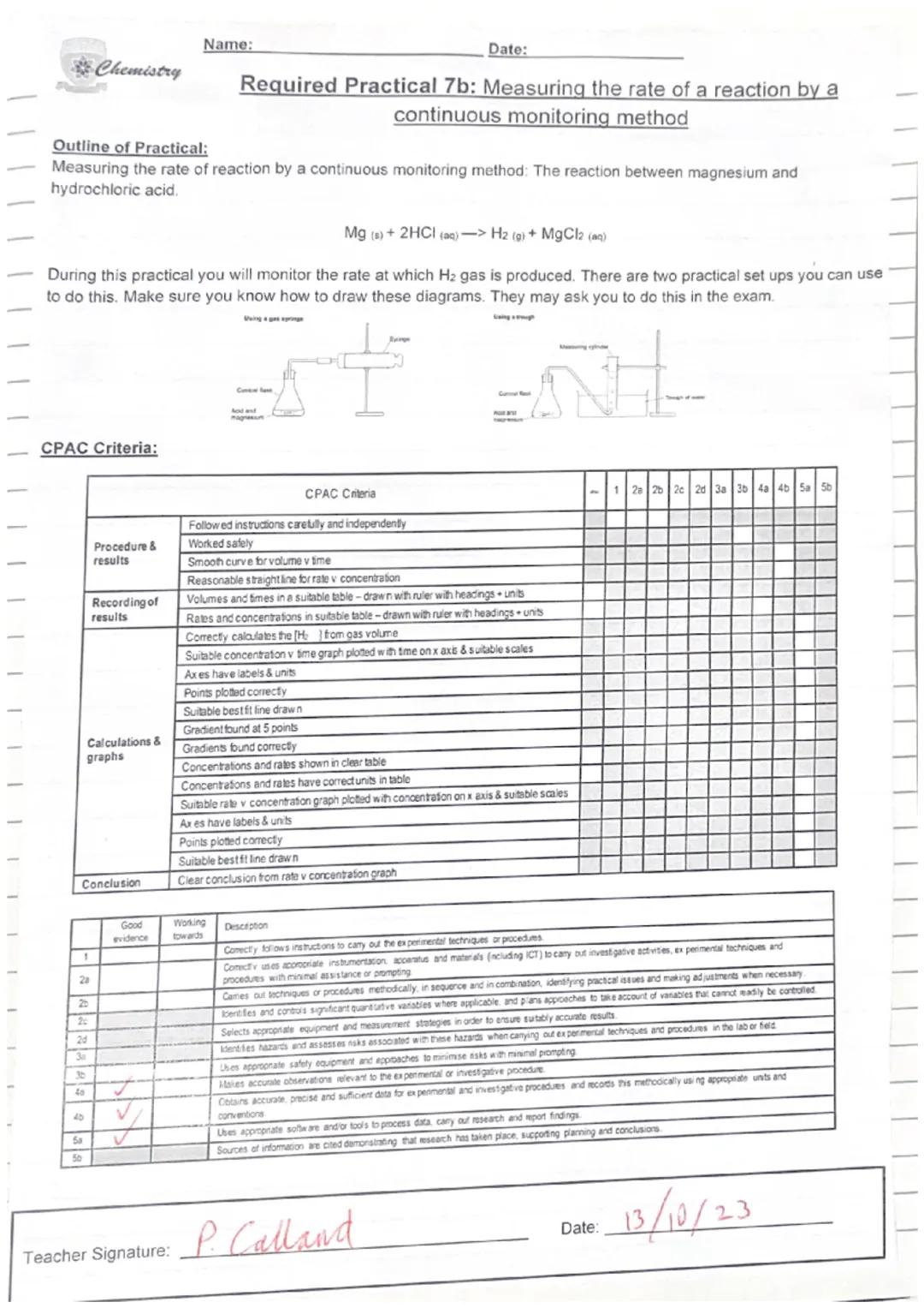 Chemistry
Outline of Practical:
Name: Emily Morgan
Date: 26/912023
Required Practical 7a: Measuring the rate of a reaction by an initial
rat