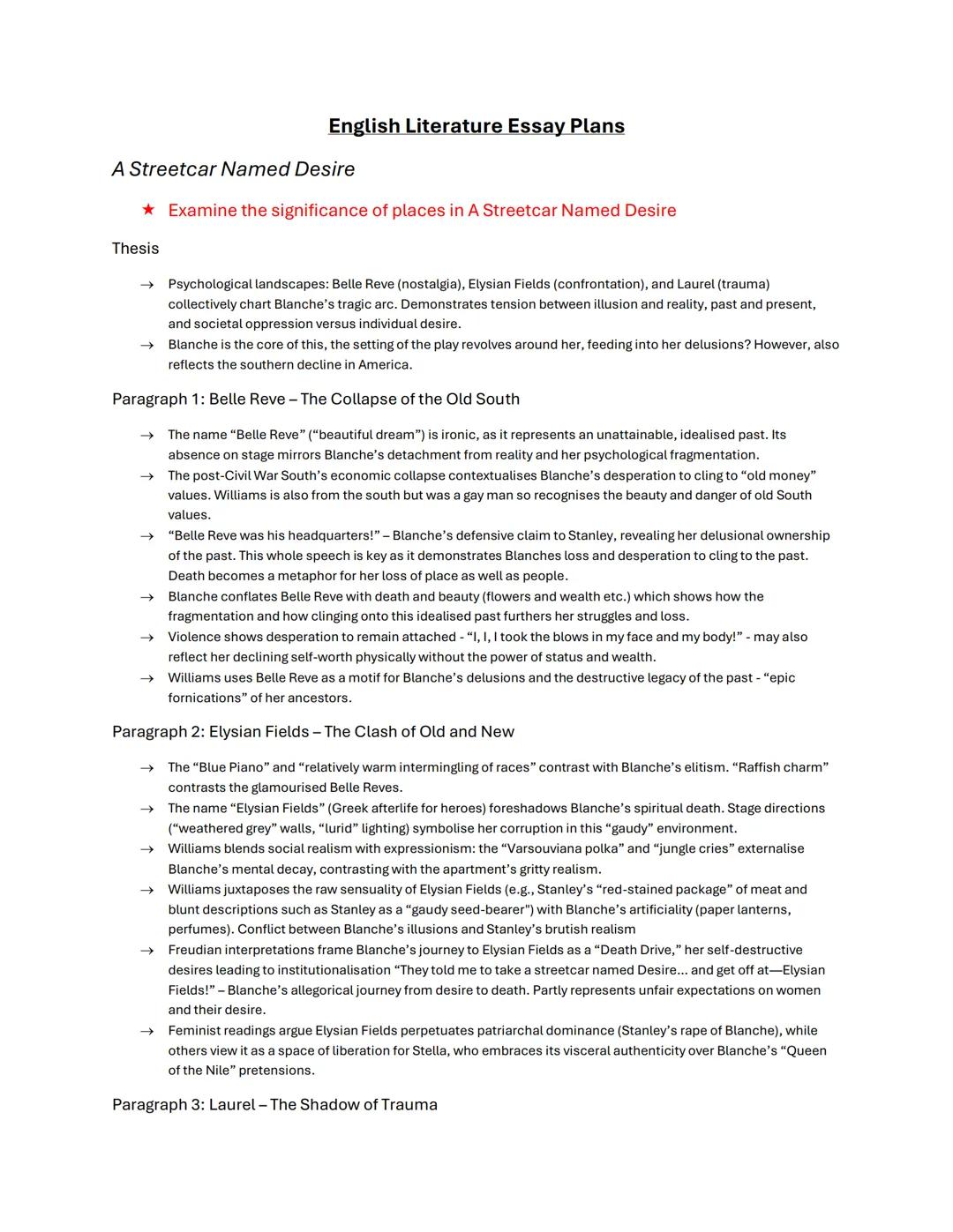 English Literature Essay Plans
A Streetcar Named Desire
★ Examine the significance of places in A Streetcar Named Desire
Thesis
→ Psychologi