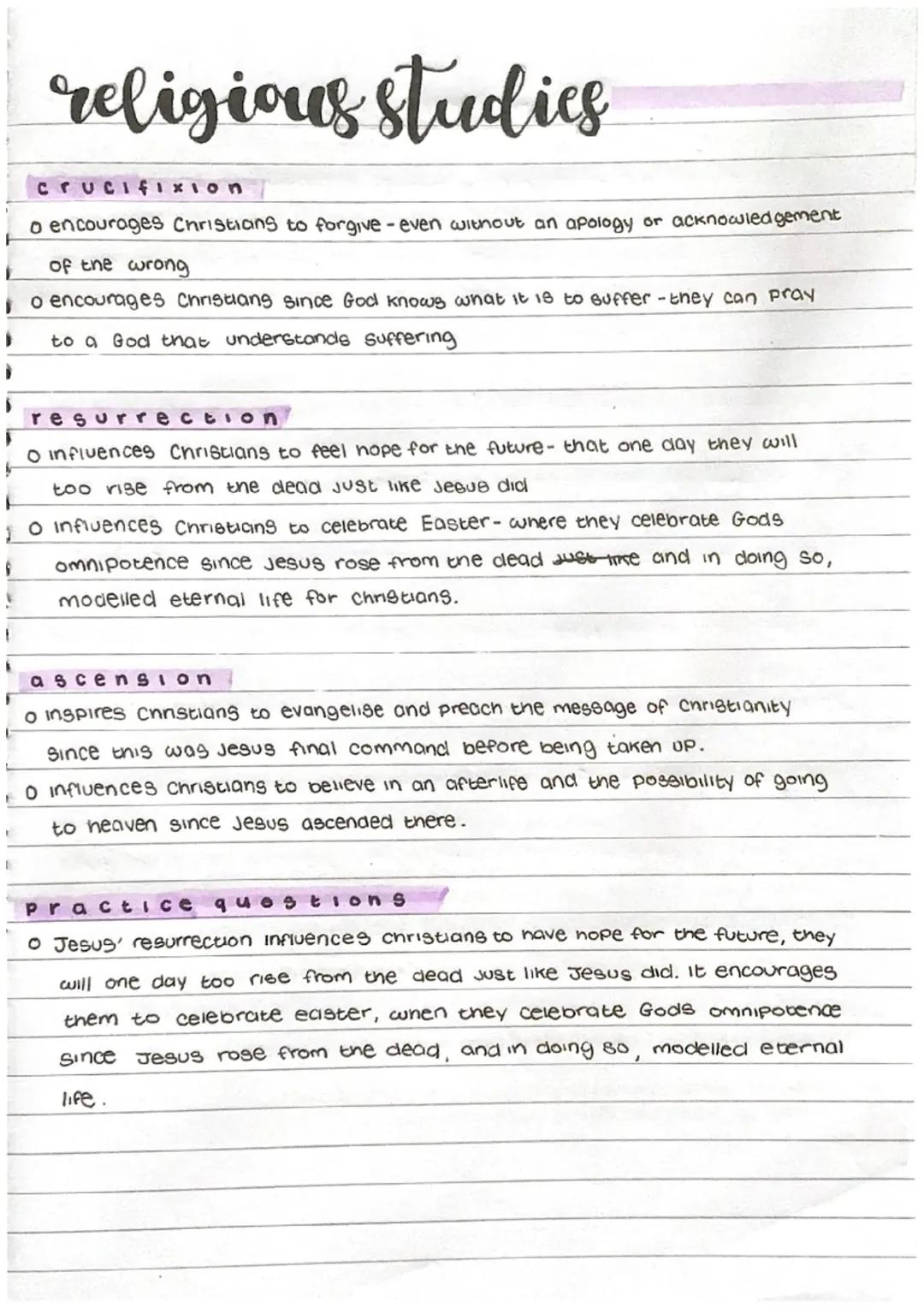 Religious Studies: Jesus’ ascension, crucifixion, resurrection 