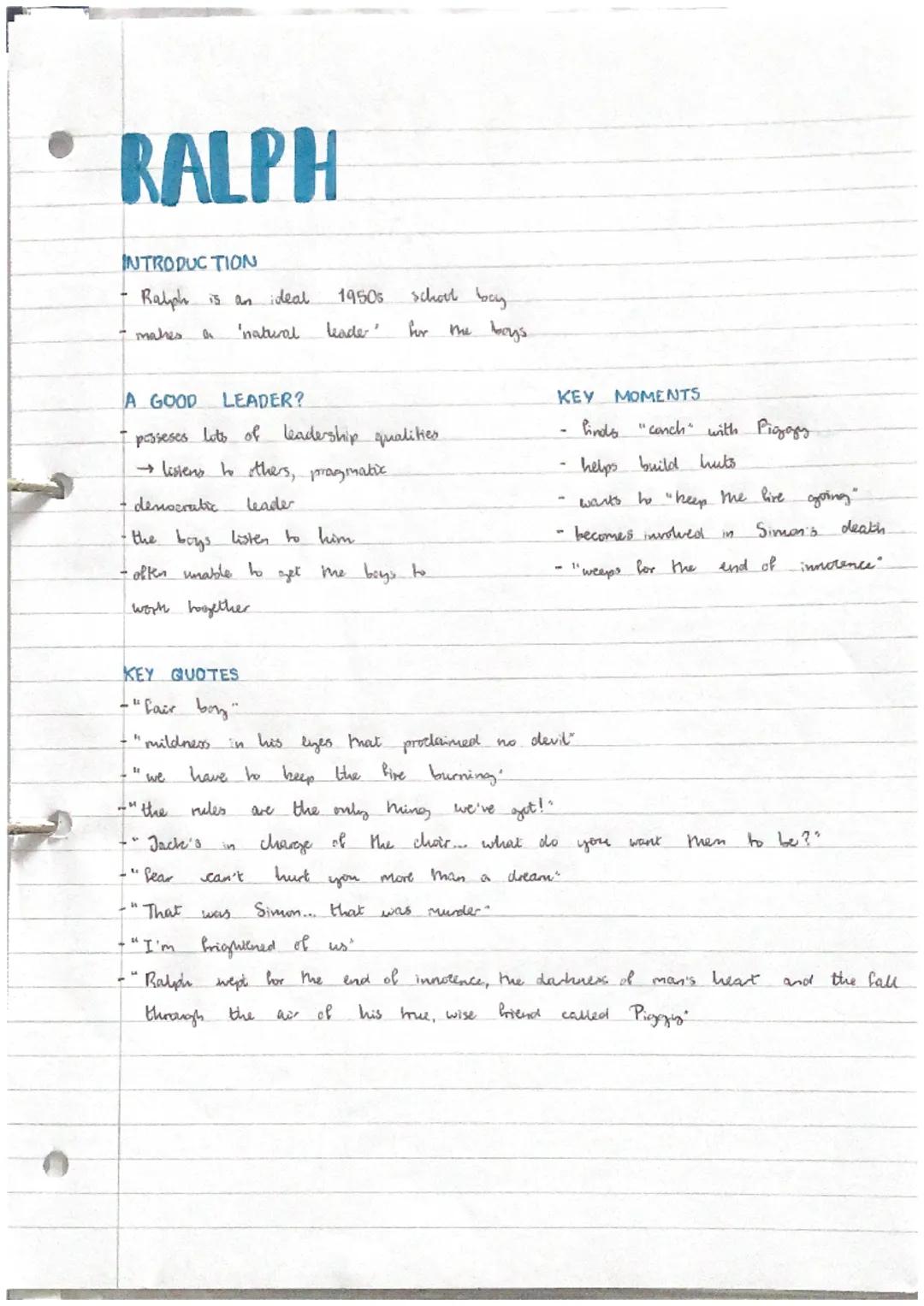 RALPH
INTRODUCTION
Ralph is an ideal
makes
natural
KEY QUOTES
-"fair boy"
"mildness.
A GOOD LEADER?
- pioseses lits of leadership qualities
