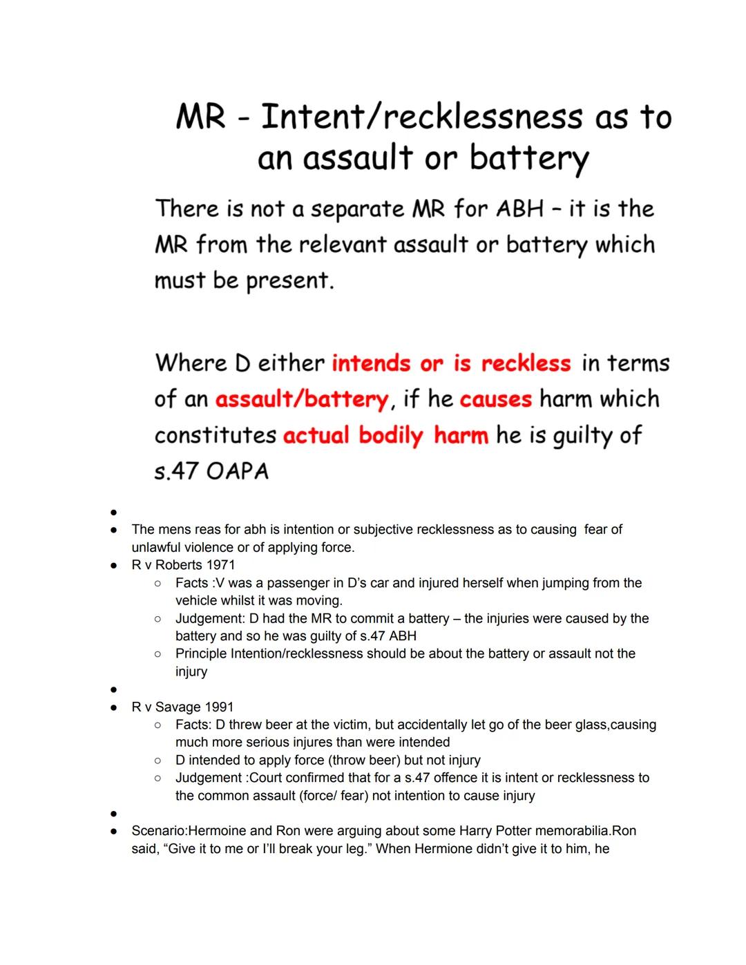 ●
●
●
●
●
●
●
Assault and Battery (s.39 Criminal Justice Act 1988)
ASSAULT-no force/no touching
What is the actus reus for assault?→an act o