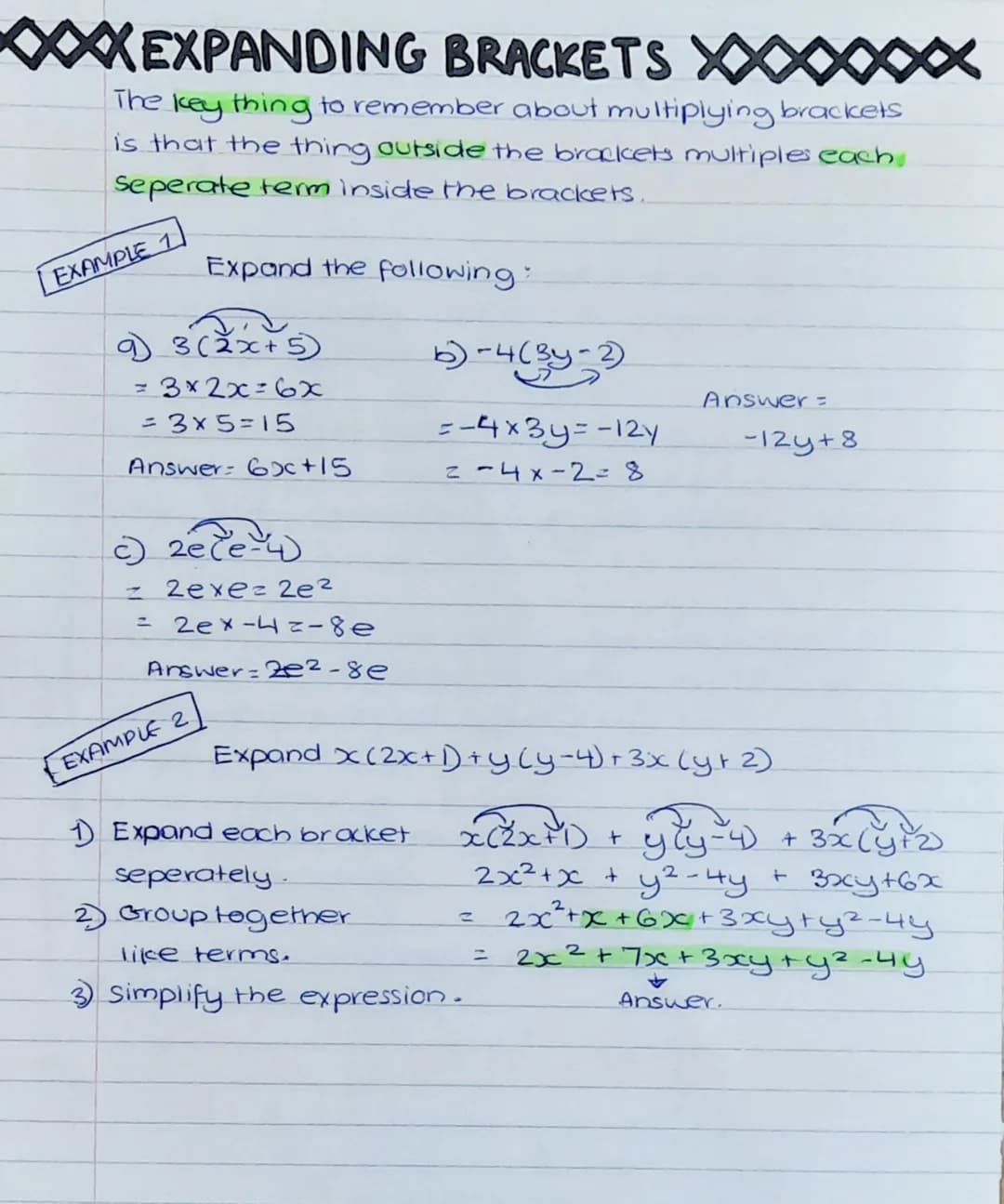 
<p>The key thing to remember about multiplying brackets is that the thing outside the brackets multiplies each separate term inside the bra