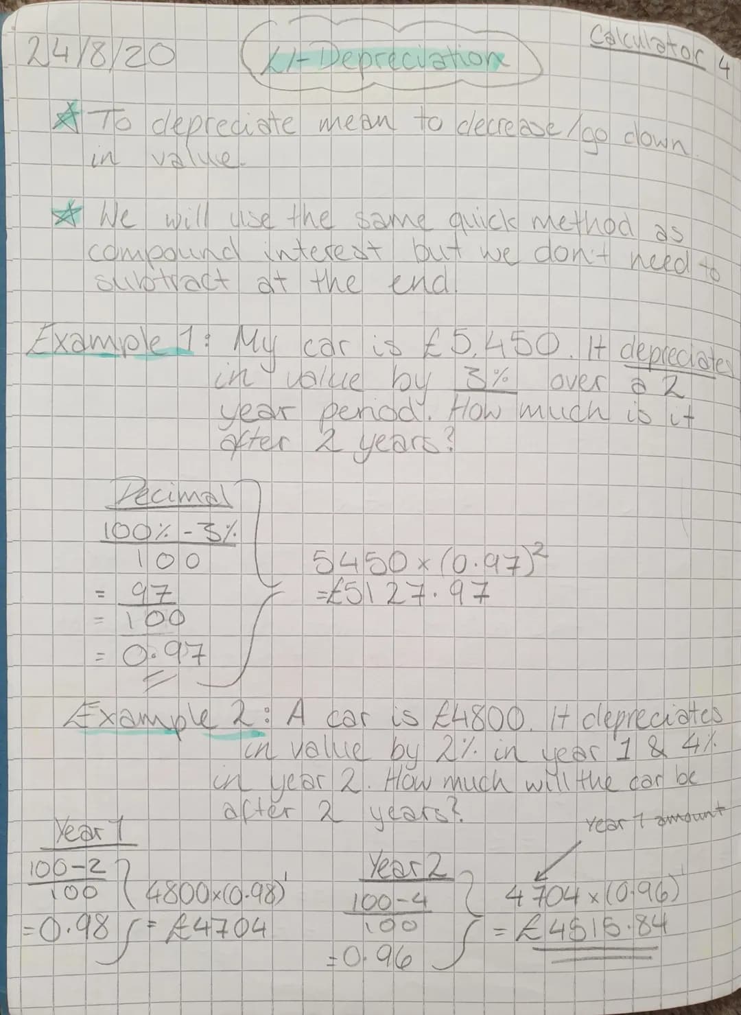 24/8/20
XI-
Depreciatione
*
To depreciate mean to decrease go down
in value
* We will use the same quick method as
compound interest but we 
