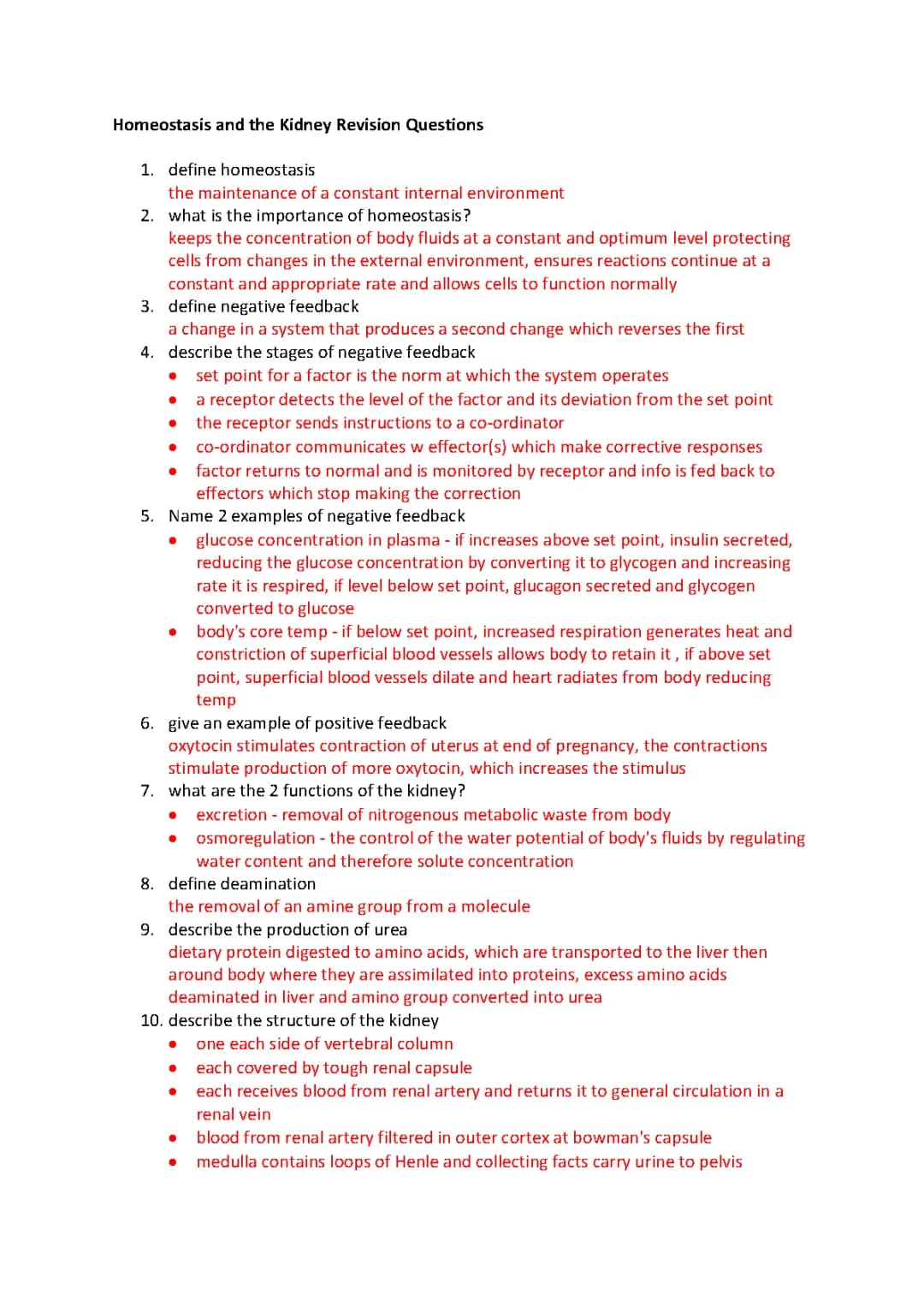 Fun Homeostasis & Kidney Revision Questions for Eduqas A Level with Answers