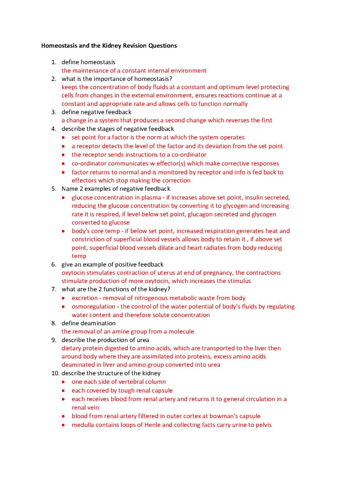 Fun Homeostasis & Kidney Revision Questions for Eduqas A Level with Answers