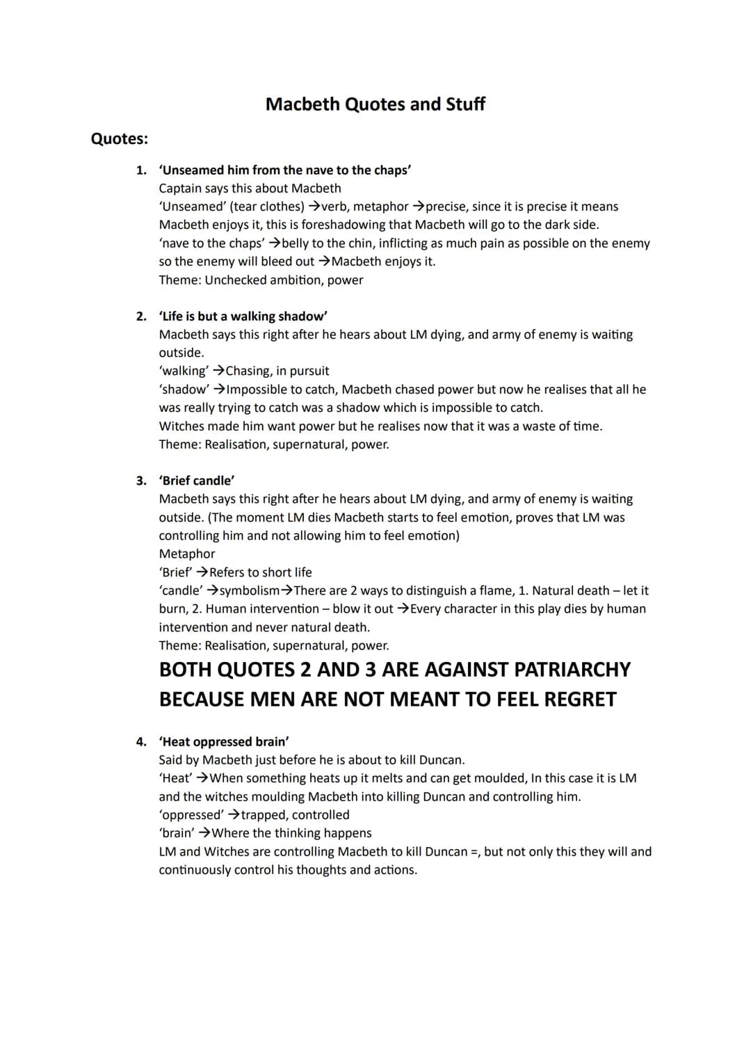 Quotes:
Macbeth Quotes and Stuff
1. 'Unseamed him from the nave to the chaps'
Captain says this about Macbeth
'Unseamed' (tear clothes) →ver
