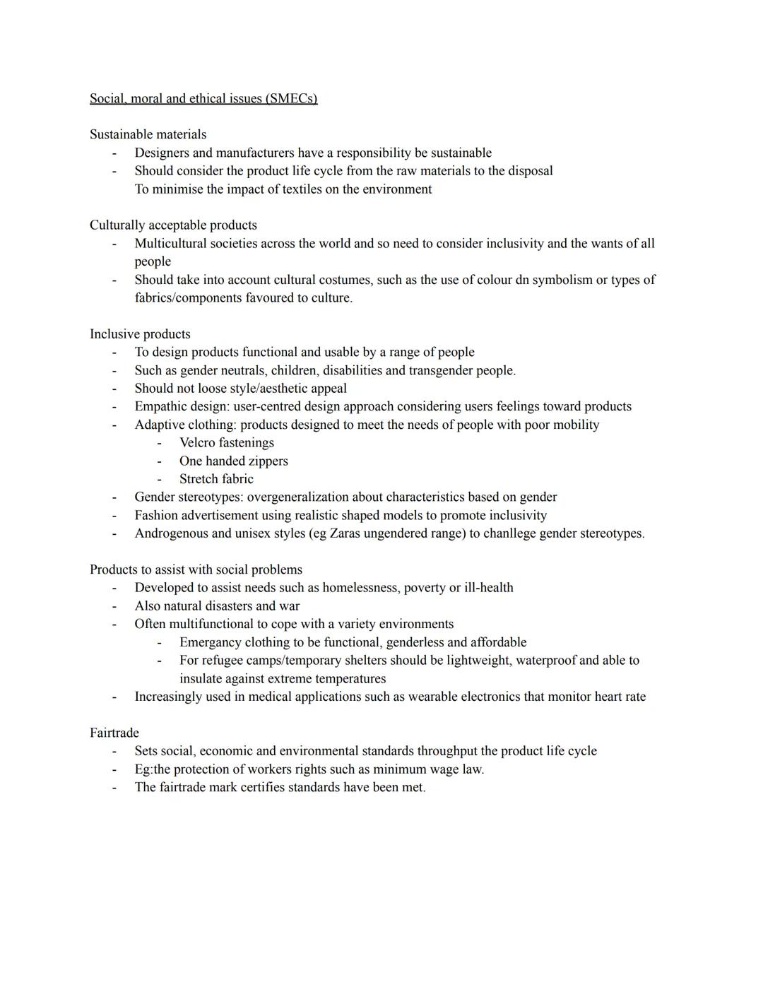 AQA A level fashion & textiles
Paper 2
2.3
Developments in technology
Product Life Cycle
Social, moral and ethical issues Regenerated and sy