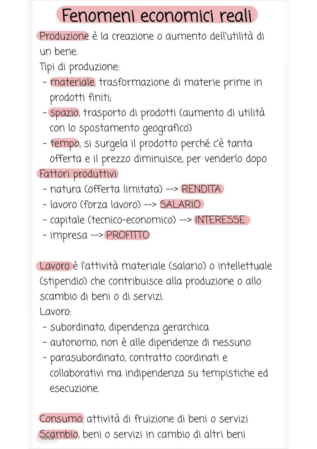 # Fenomeni economici reali

Produzione è la creazione o aumento dell'utilità di
un bene.

Tipi di produzione:

- materiale, trasformazione d