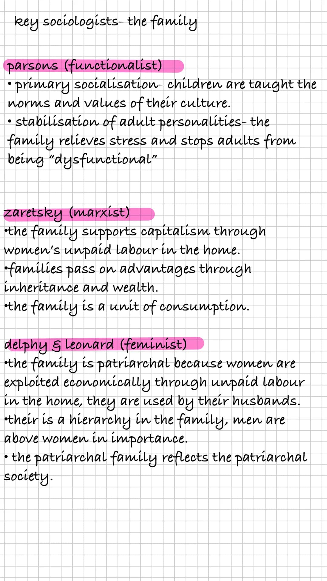 key sociologists- the family
parsons (functionalist)
• primary socialisation- children are taught the
norms and values of their culture.
• s