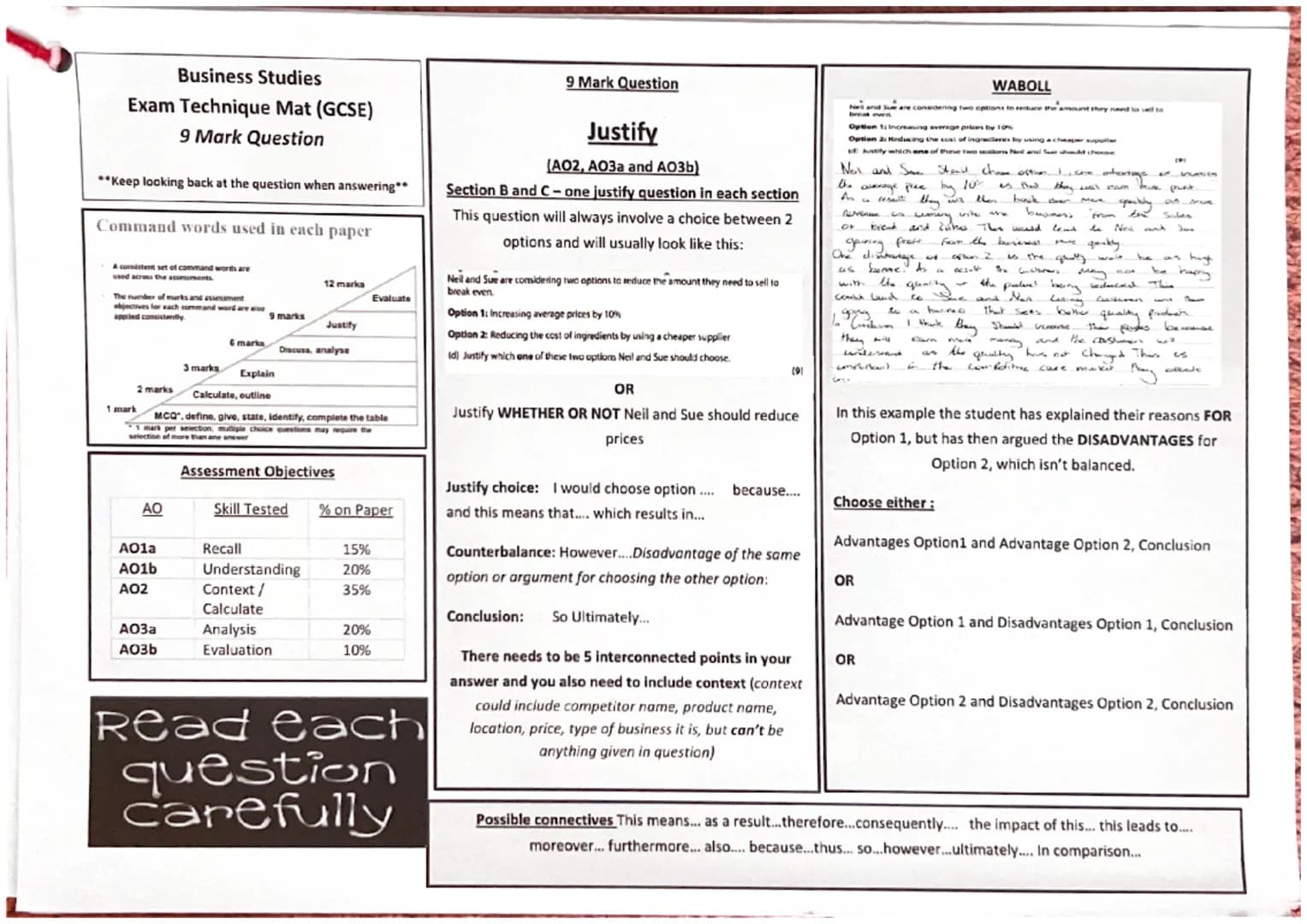 Business Studies
Exam Technique Mat (GCSE)
1, 2 and 3 Mark Questions
**Keep looking back at the question when answering**
Command words used