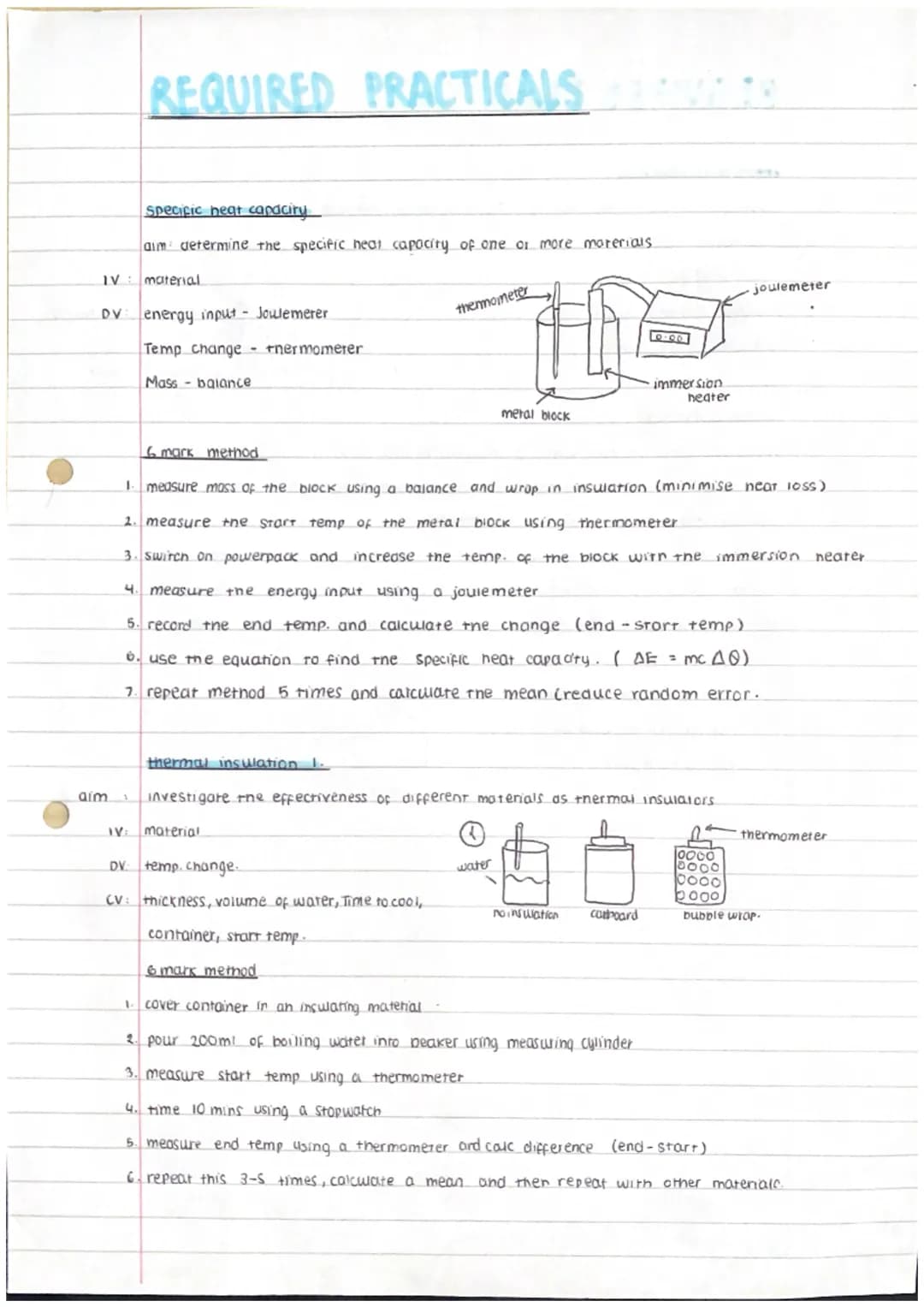 aim
REQUIRED PRACTICALS
specific heat capacity
aim determine the specific heat capacity of one or more materials.
IV material
DV
energy inpu