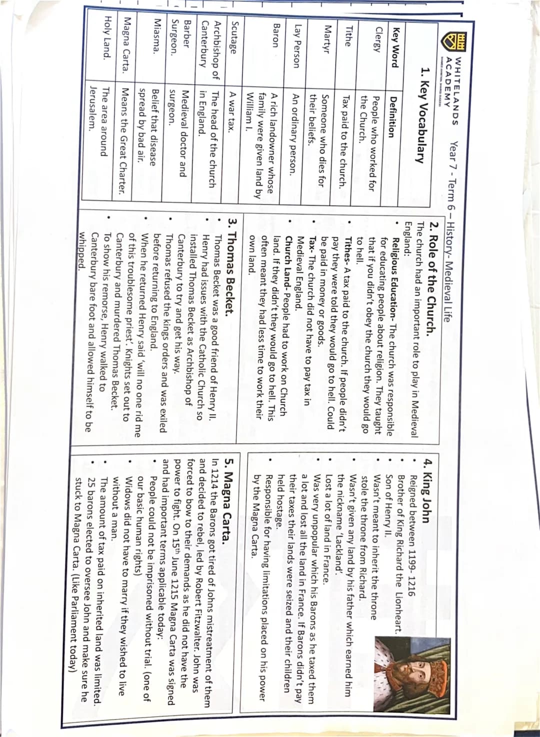 Key Word
Clergy
Tithe
WHITELANDS Year 7 - Term 6 - History- Medieval Life
ACADEMY
Martyr
1. Key Vocabulary
Lay Person
Baron
Scutage
Archbish