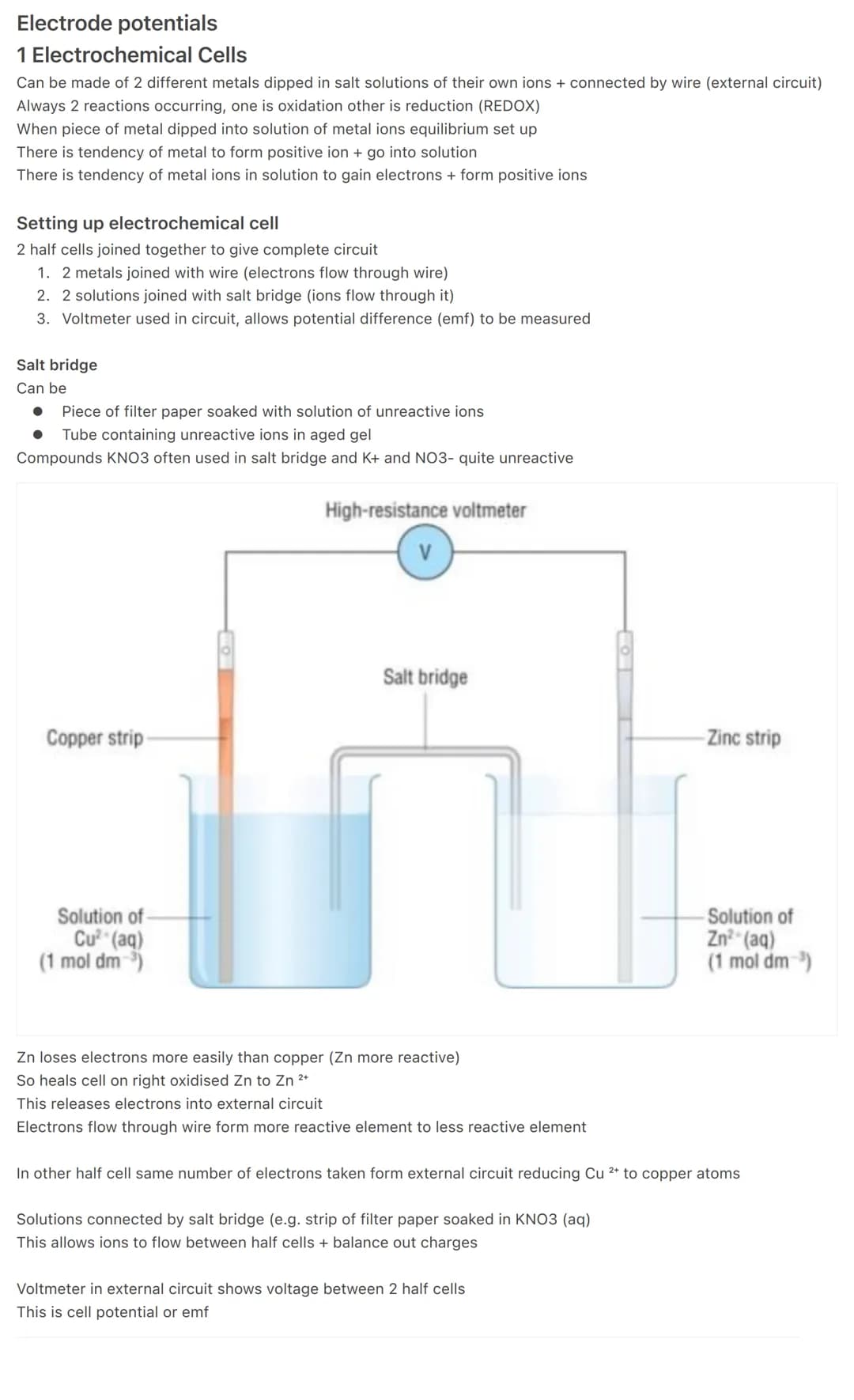 Electrode potentials
1 Electrochemical Cells
Can be made of 2 different metals dipped in salt solutions of their own ions + connected by wir