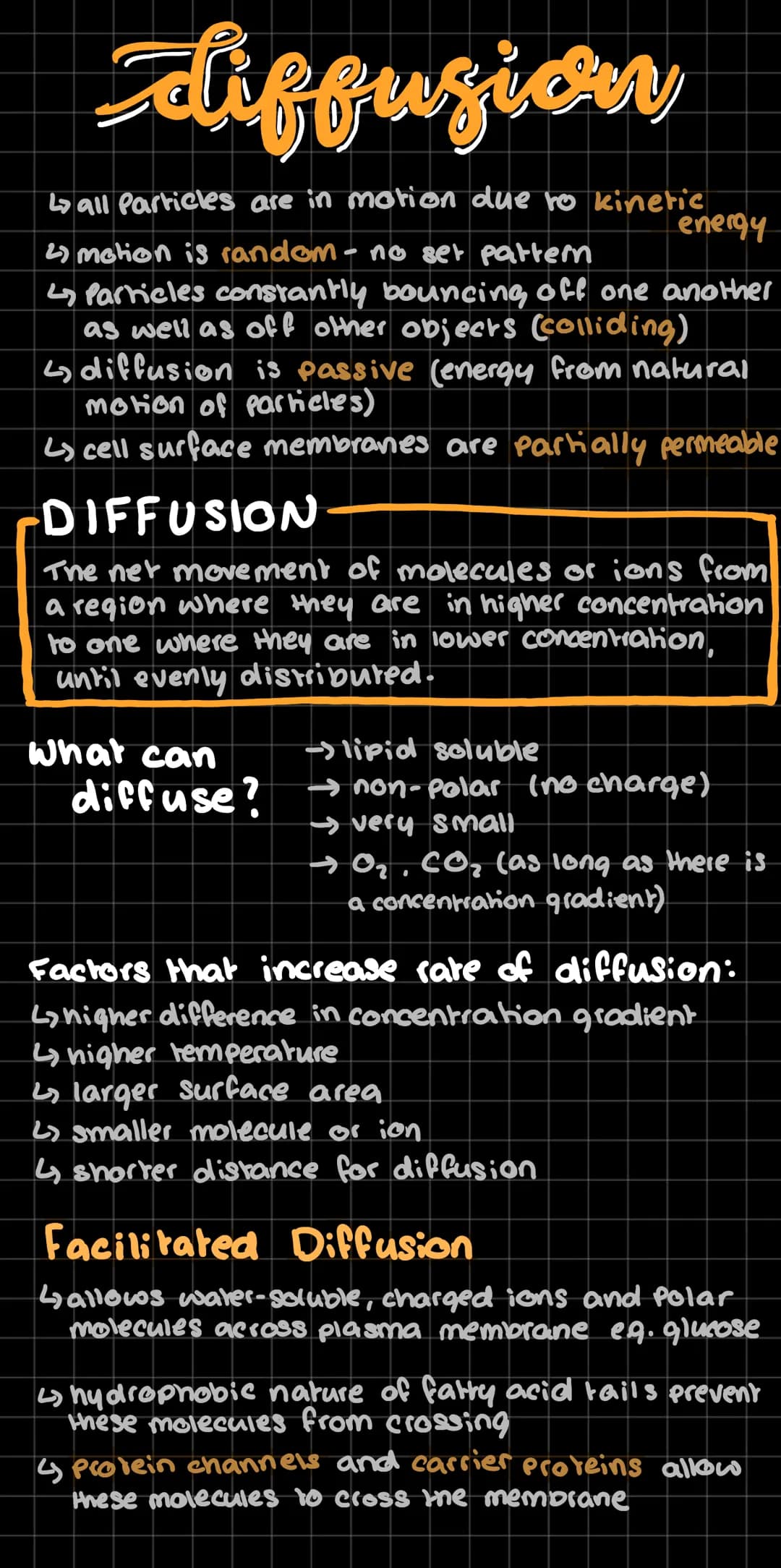 diffusion
↳all Particles are in motion due to kinetic
energy
2) motion is random - no set pattern
4 Particles constantly bouncing off one an