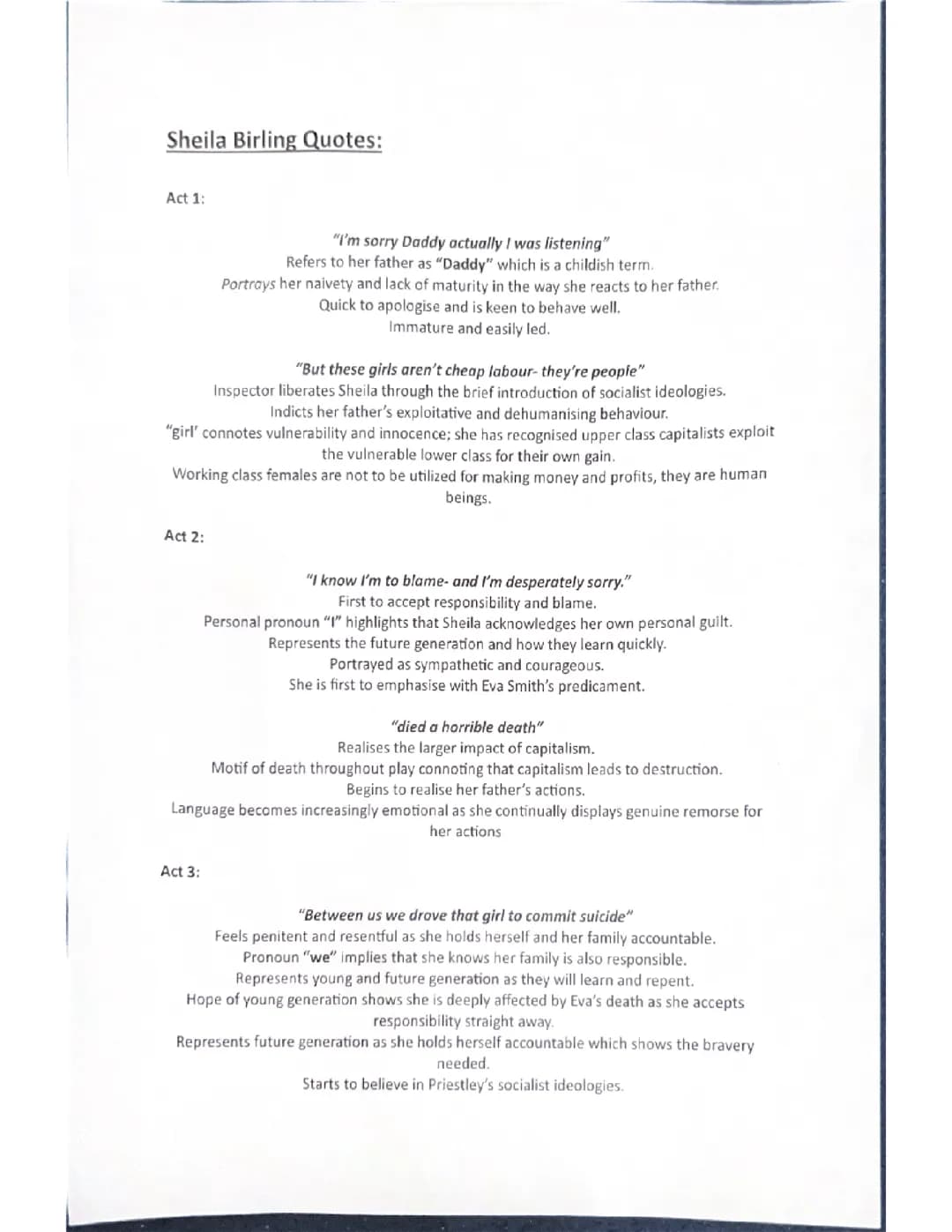 Grade 9 Sheila Birling Analysis
