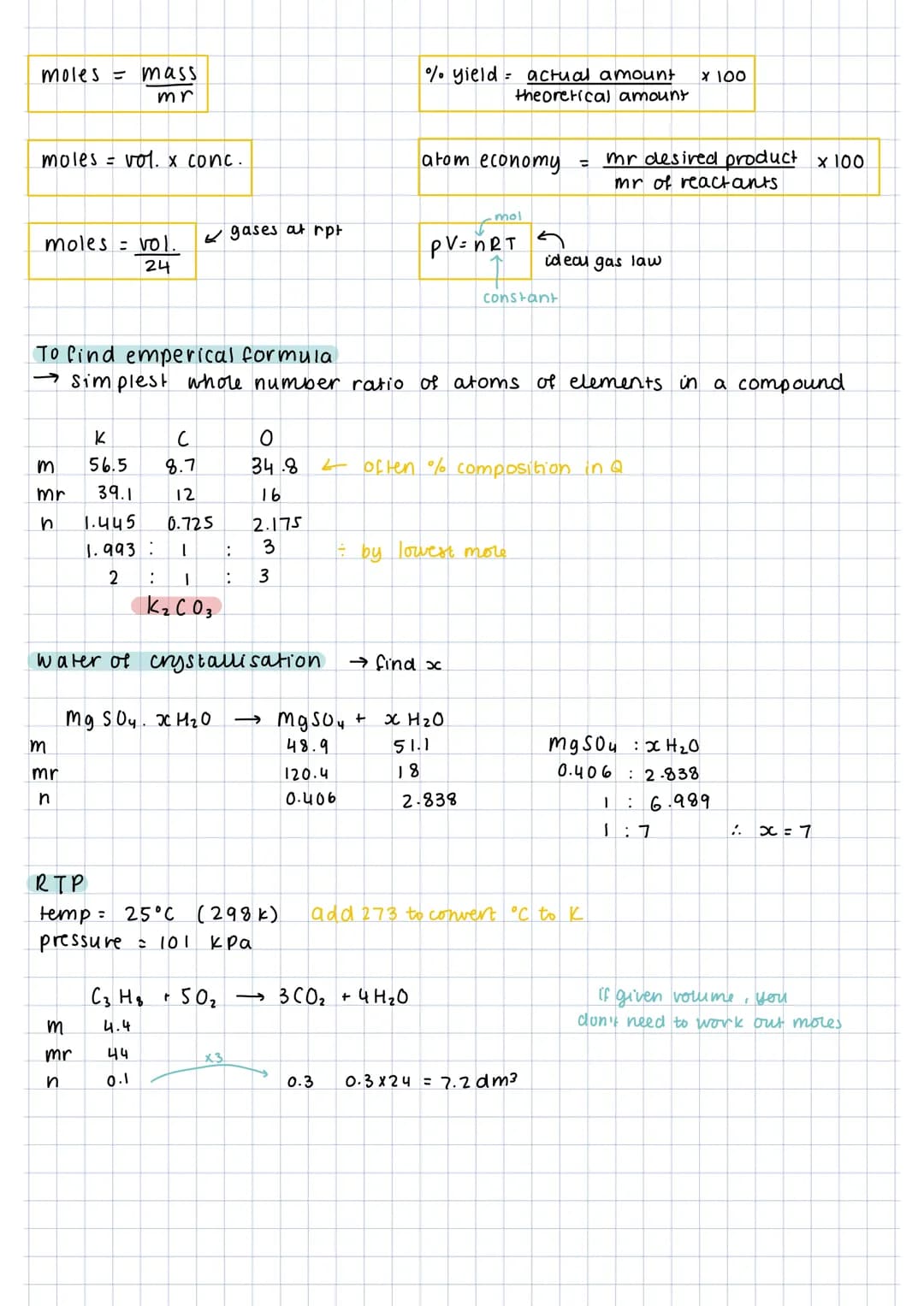 moles = mass
mr
moles = vol. x conc.
moles vol.
24
m
mr
h
m
mr
n
K
56.5
с
8.7
12
m
mr
n
To find emperical formula
→ simplest whole number ra