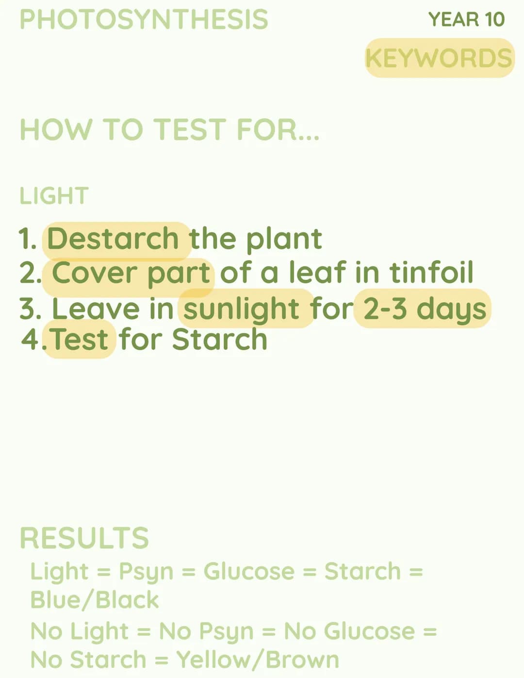C
SUN
CO
OXYGEN
2
k
H₂O →
но
YEAR 10
PHOTOSYNTHESIS PHOTOSYNTHESIS
Photosynthesis
can also be
wrote as 'psyn'
YEAR 10
KEYWORDS
WHAT IS IT?
T