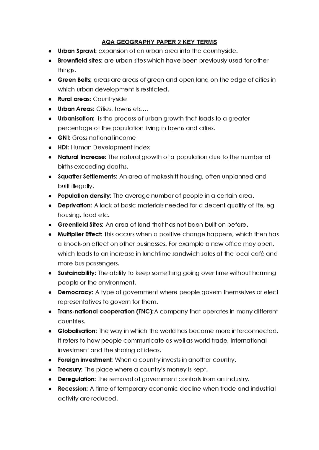 AQA Paper 2 Geography Key Words