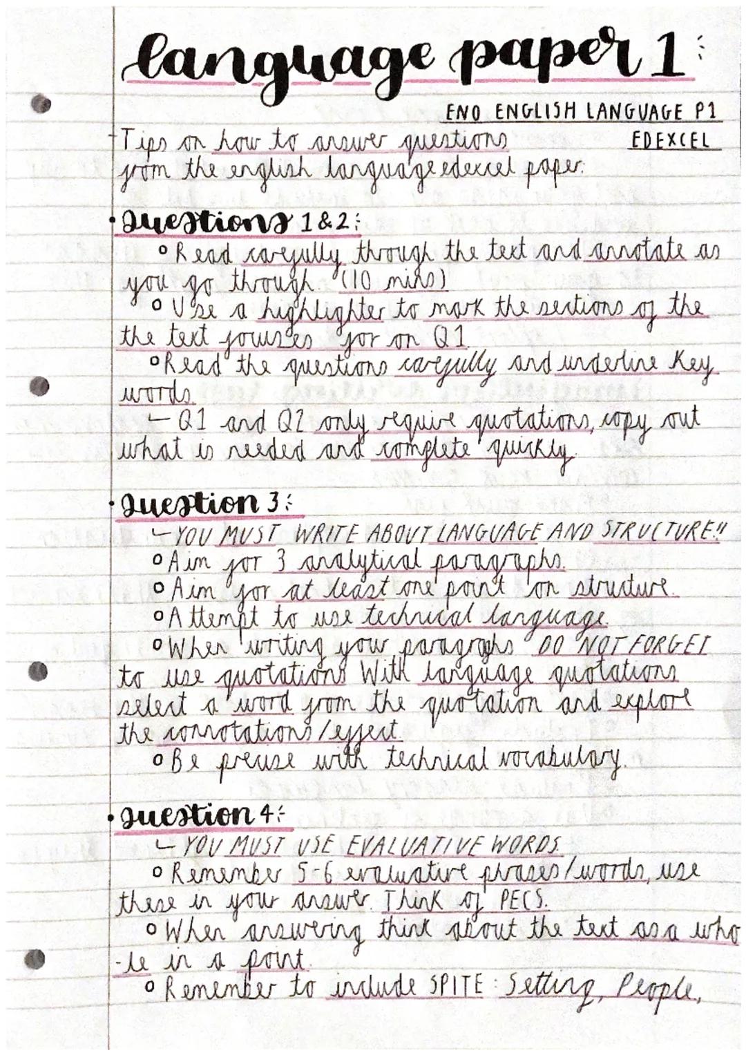 language paper 1
ENO ENGLISH LANGUAGE P1
EDEXCEL
Tips on how to answer questions
from the english language edexcel paper.
•Questions 1 & 2;
