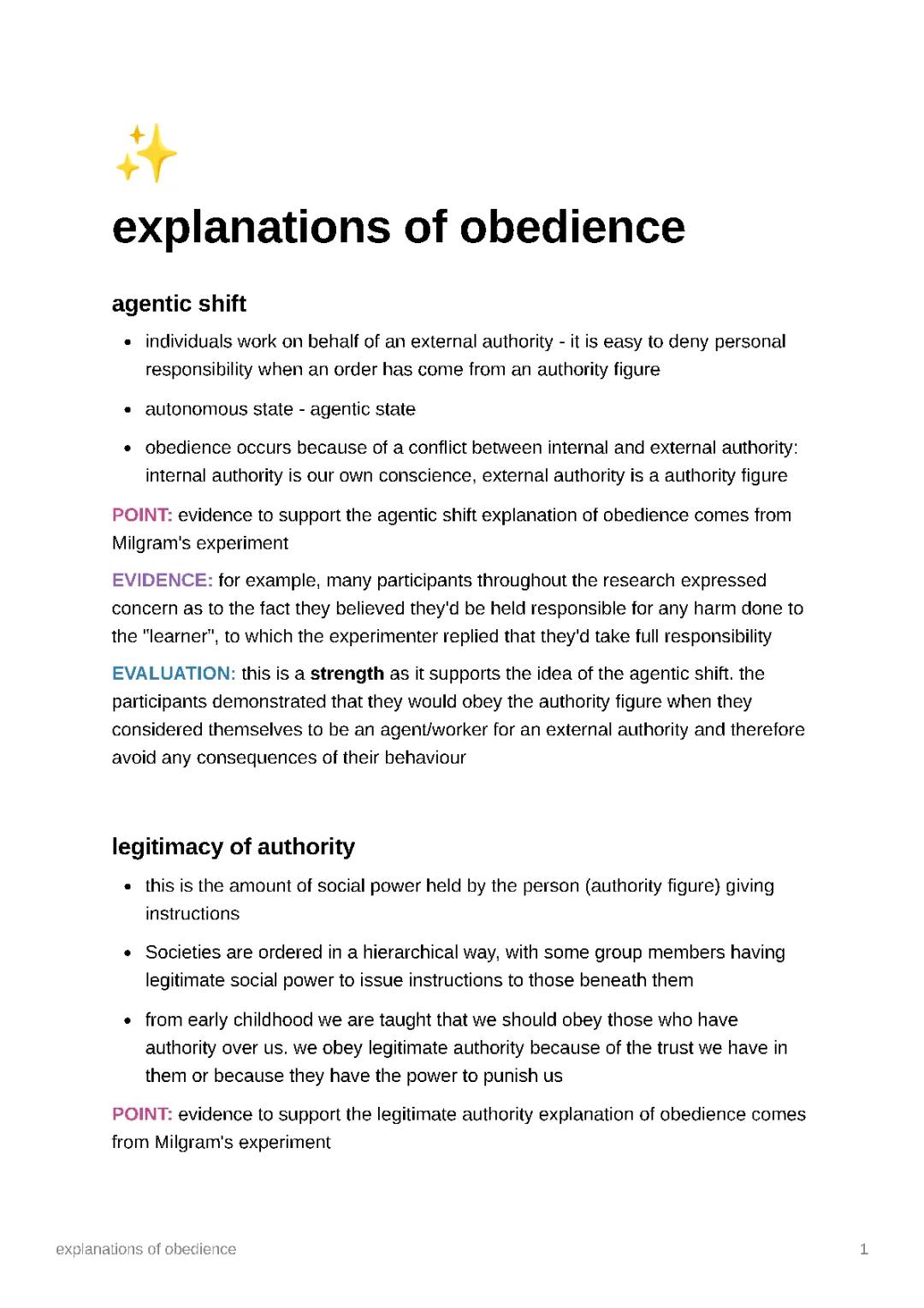 explanations of obedience [agentic shift/legitimacy of authority] - AO1/AO3