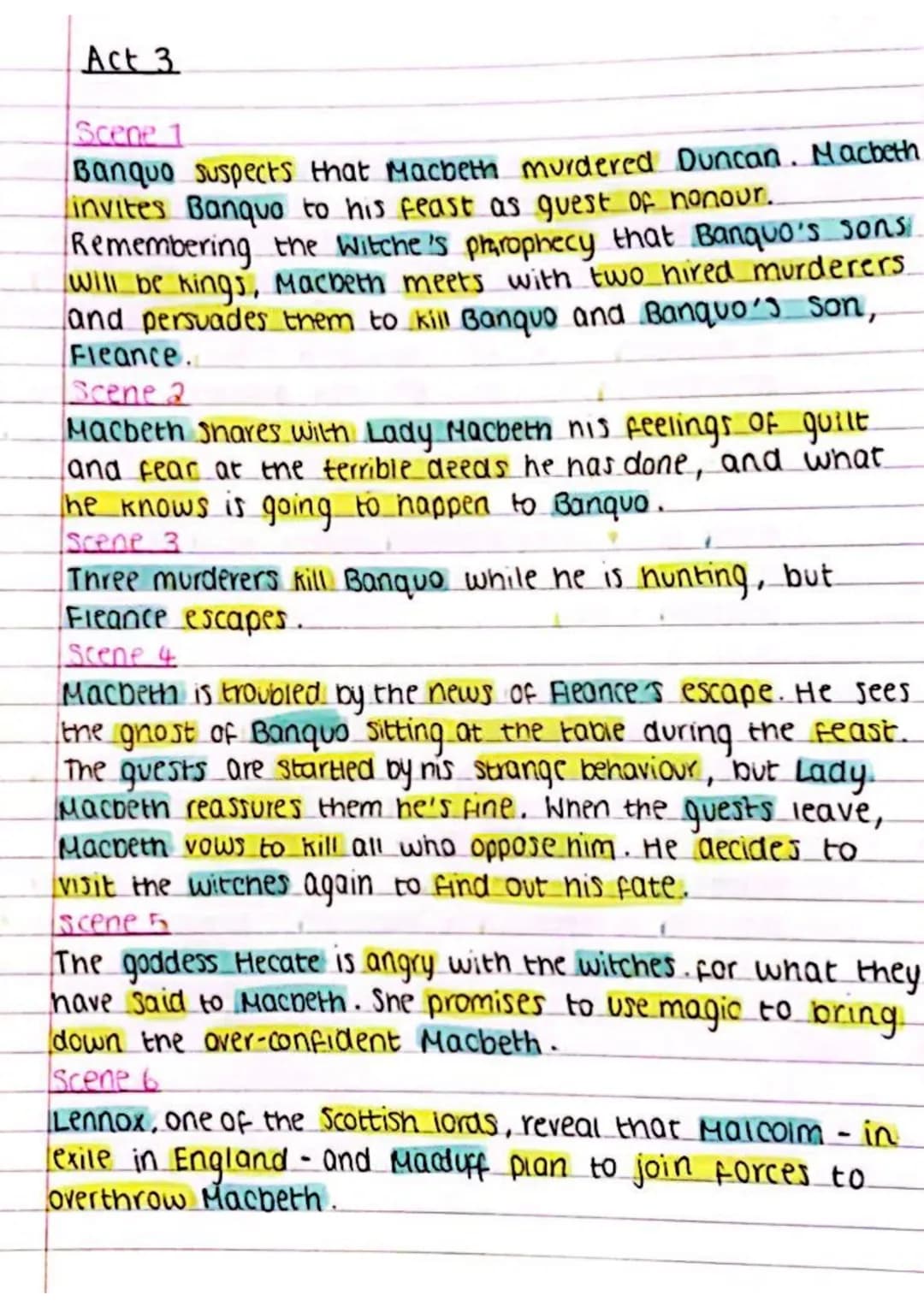 Act 3
Scene 1
Banquo suspects that Macbeth murdered Duncan. Macbeth
invites Banque to his feast as guest of honour.
Remembering the Witche's