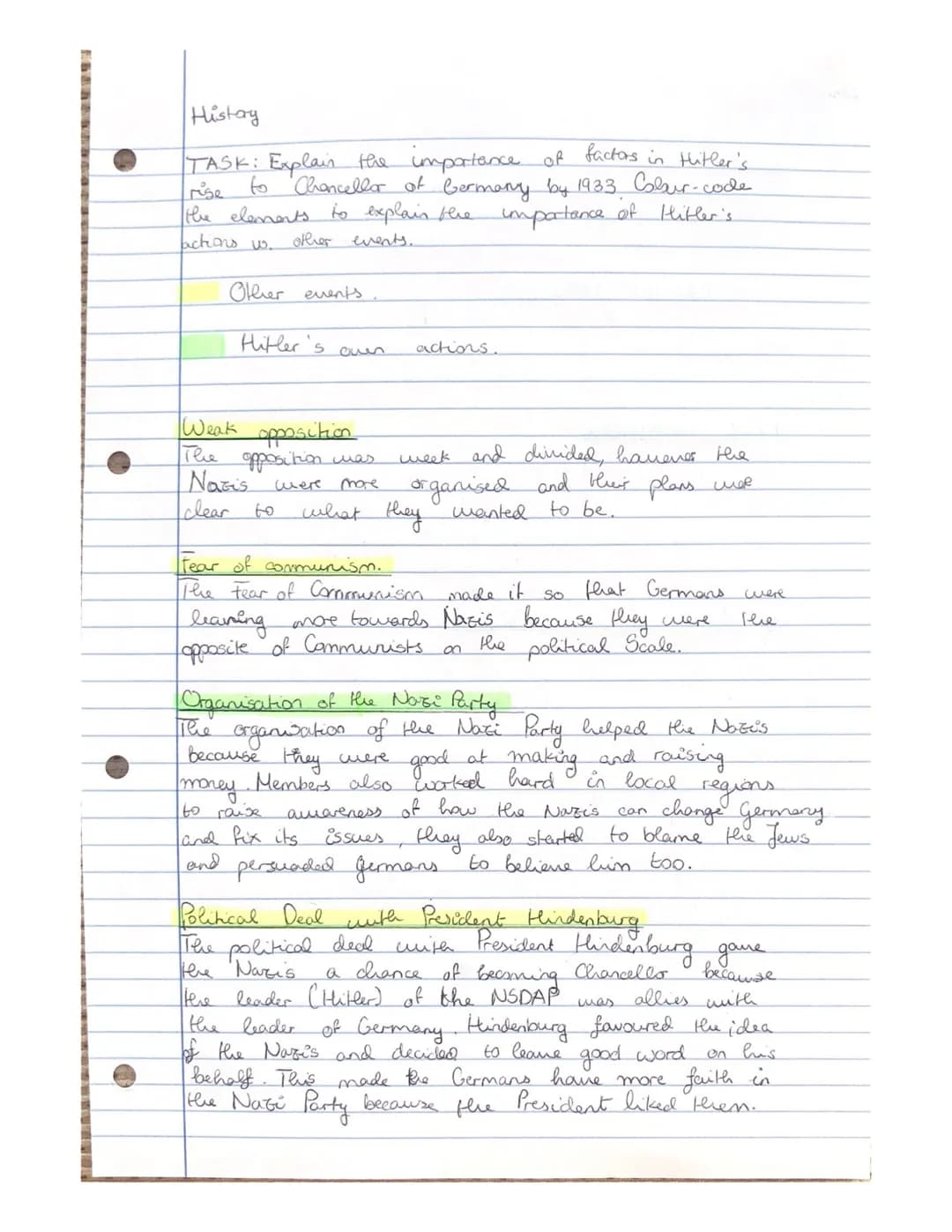 History
TASK: Explain the importance of factors in thitler's
rise to Chancellor of Germany by 1933 Colur-code
the elements to explain the im