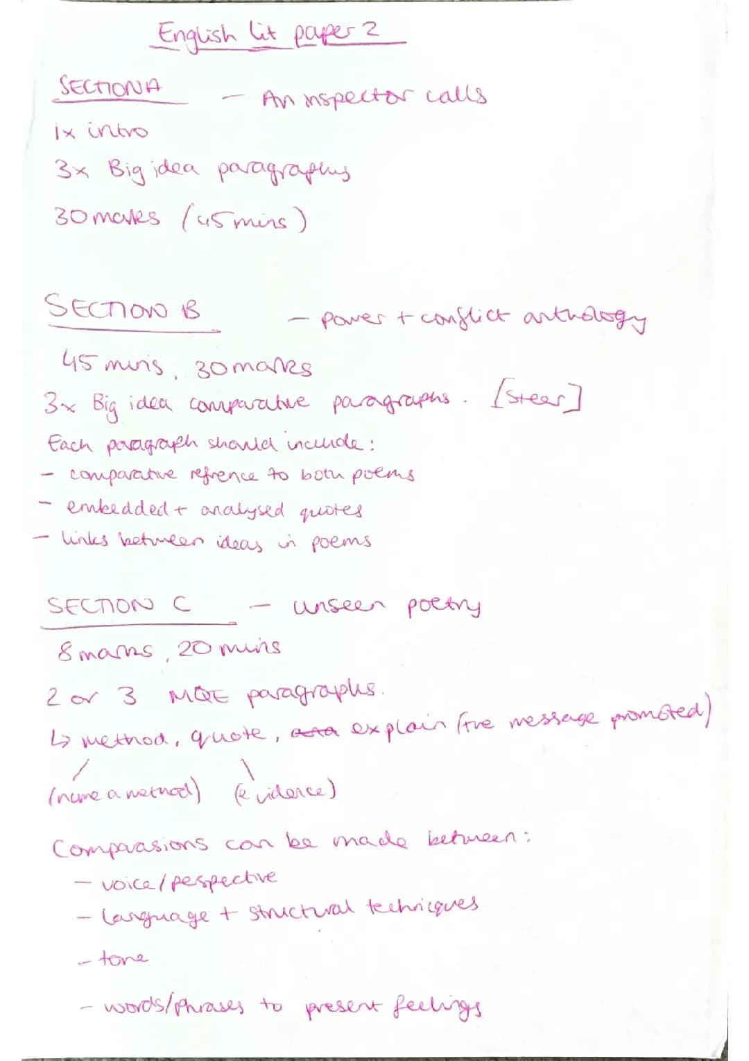 GSCE english lit paper 2 exam structure/breakdown