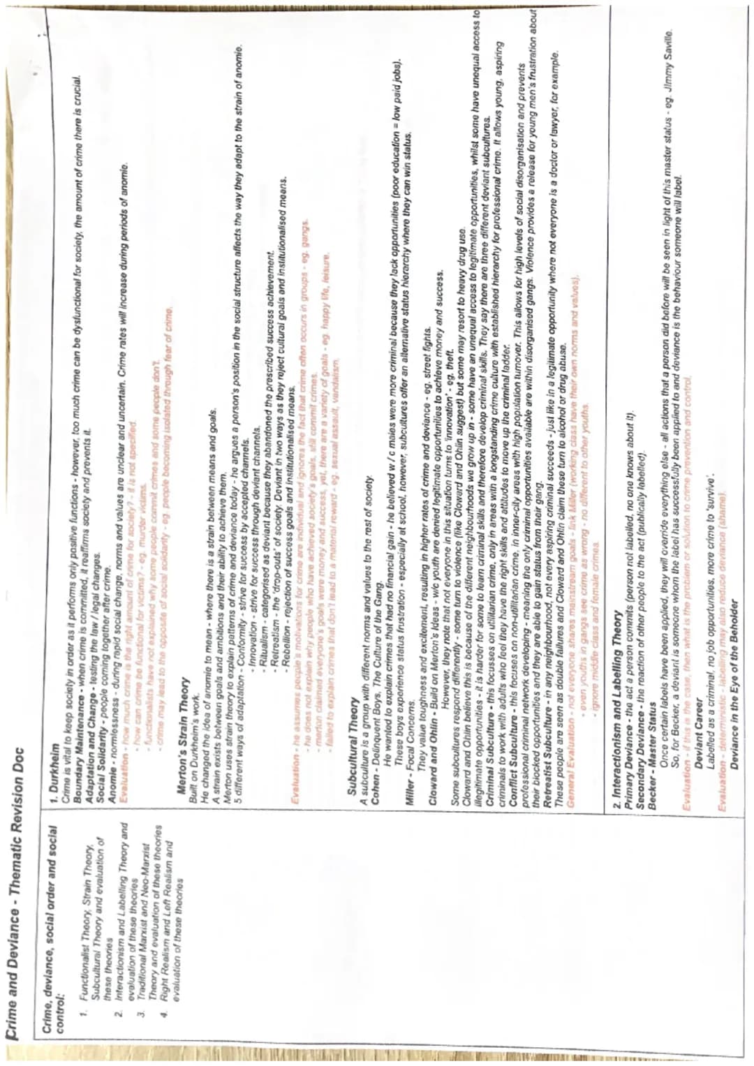 Crime and Deviance - Thematic Revision Doc
Crime, deviance, social order and social
control:
1. Functionalist Theory, Strain Theory
Subcultu