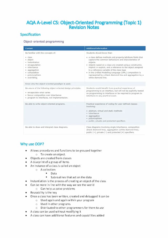 Know AQA A-Level CS: Object-Oriented Programming (Topic 1) Revision Notes thumbnail