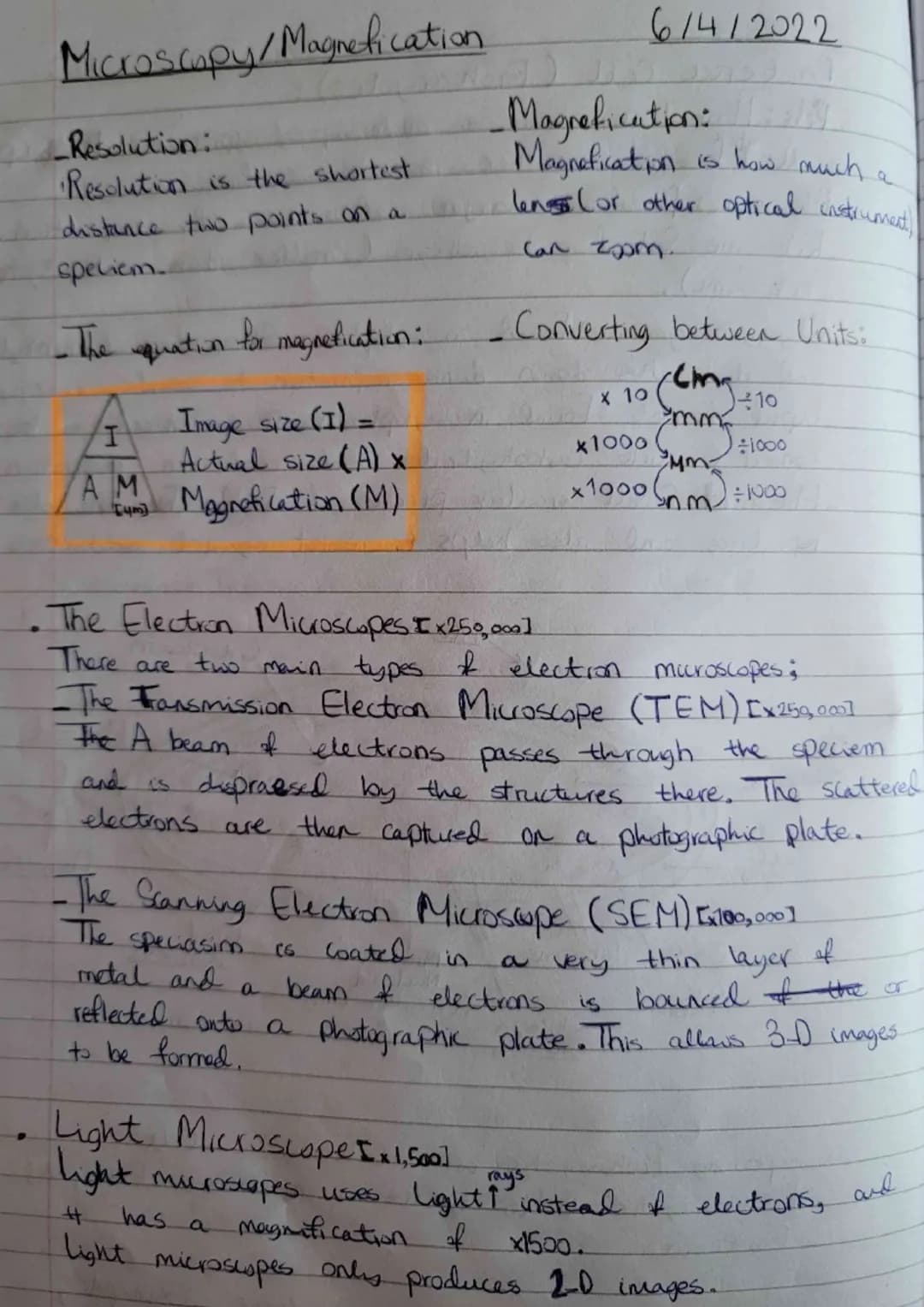 Microscopy/Magnefication
Resolution:
•Resolution is the shortest
distance two points on a
speciem..
The equation for megnefication:
Image si
