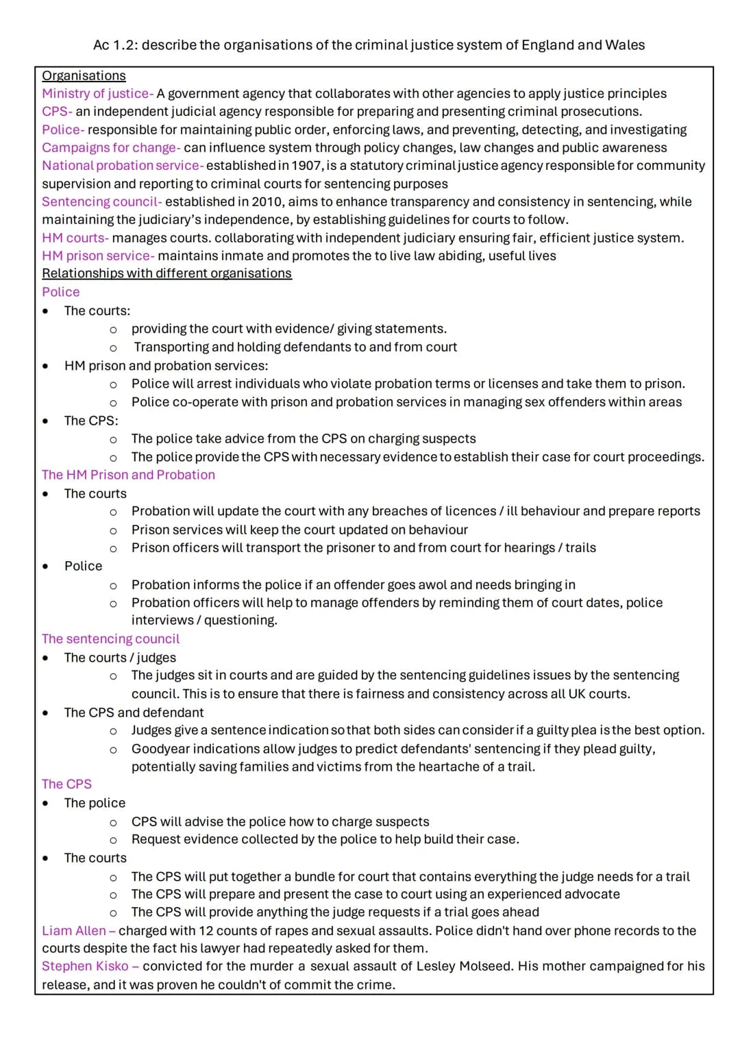 Unit 4: crime and Punishment
AC1.1 describe process used for law making
AC1.2: describe the organisations of the criminal justice system in 