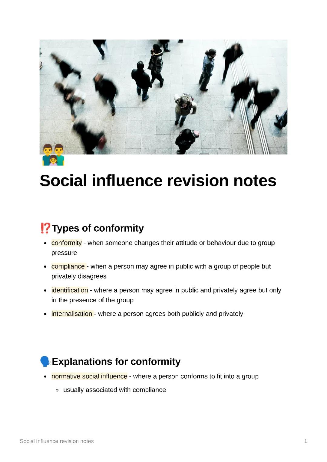 Social Influence Revision Notes for AQA - Conformity, Milgram, Examples