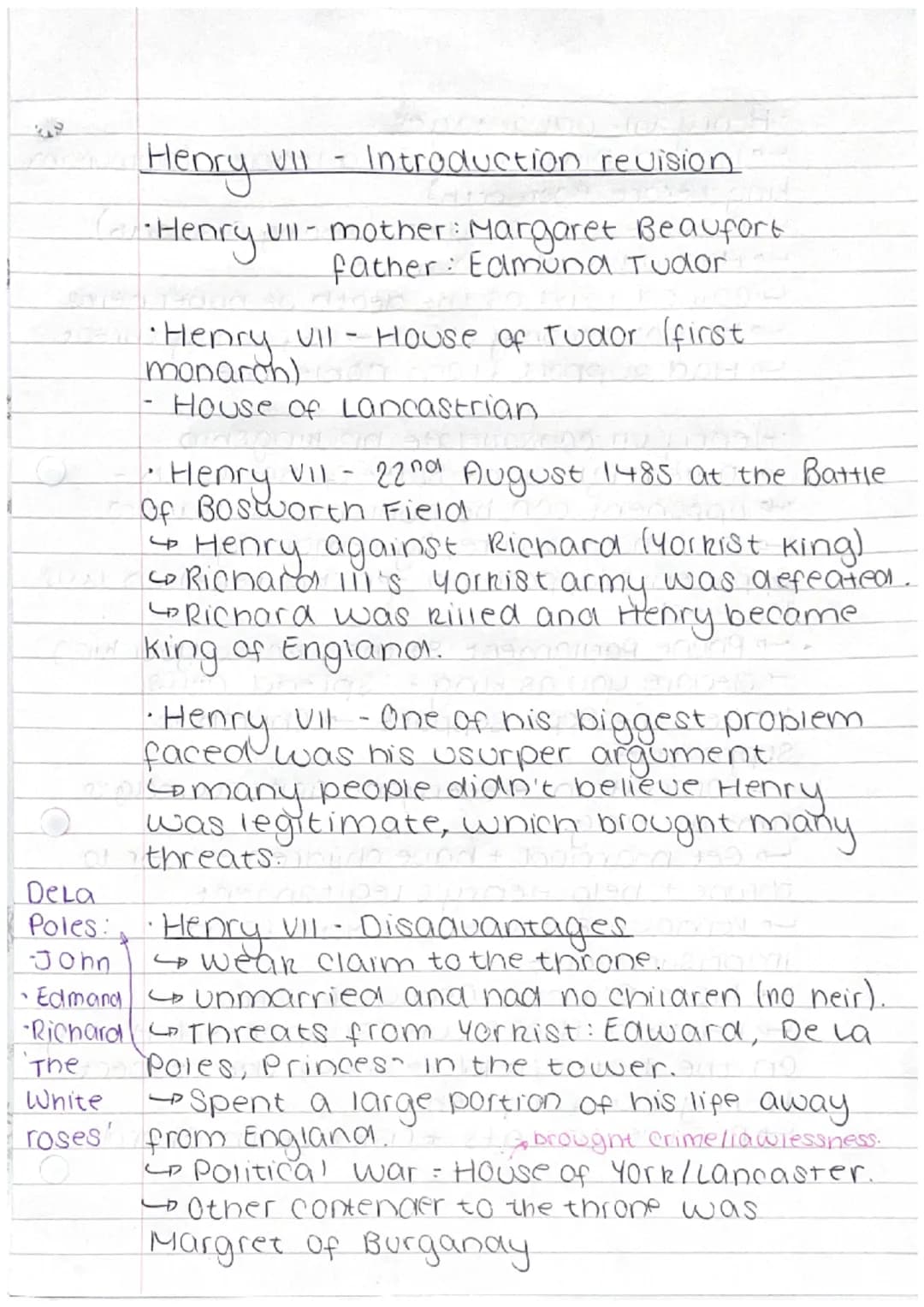 Henry VII -
Introduction revision
· Henry VII - mother: Margaret Beaufort
father: Edmuna Tudor
• Henry VII - House of Tudor (first
monarch) 