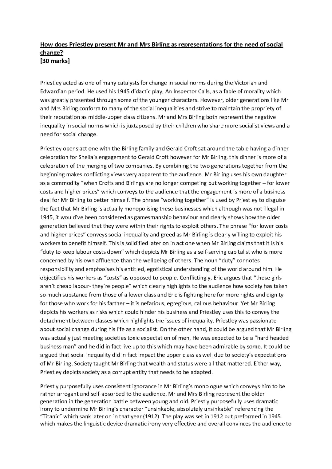 Learn About Birlings Social Change in An Inspector Calls