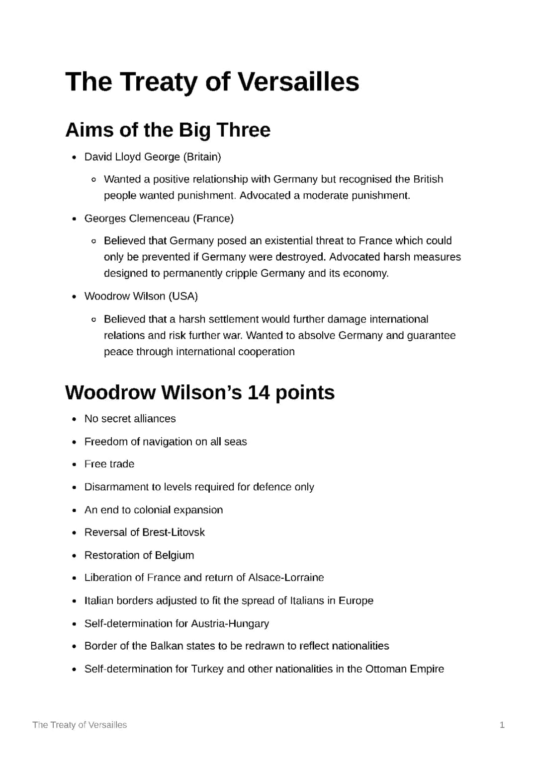 Treaty of Versailles notes