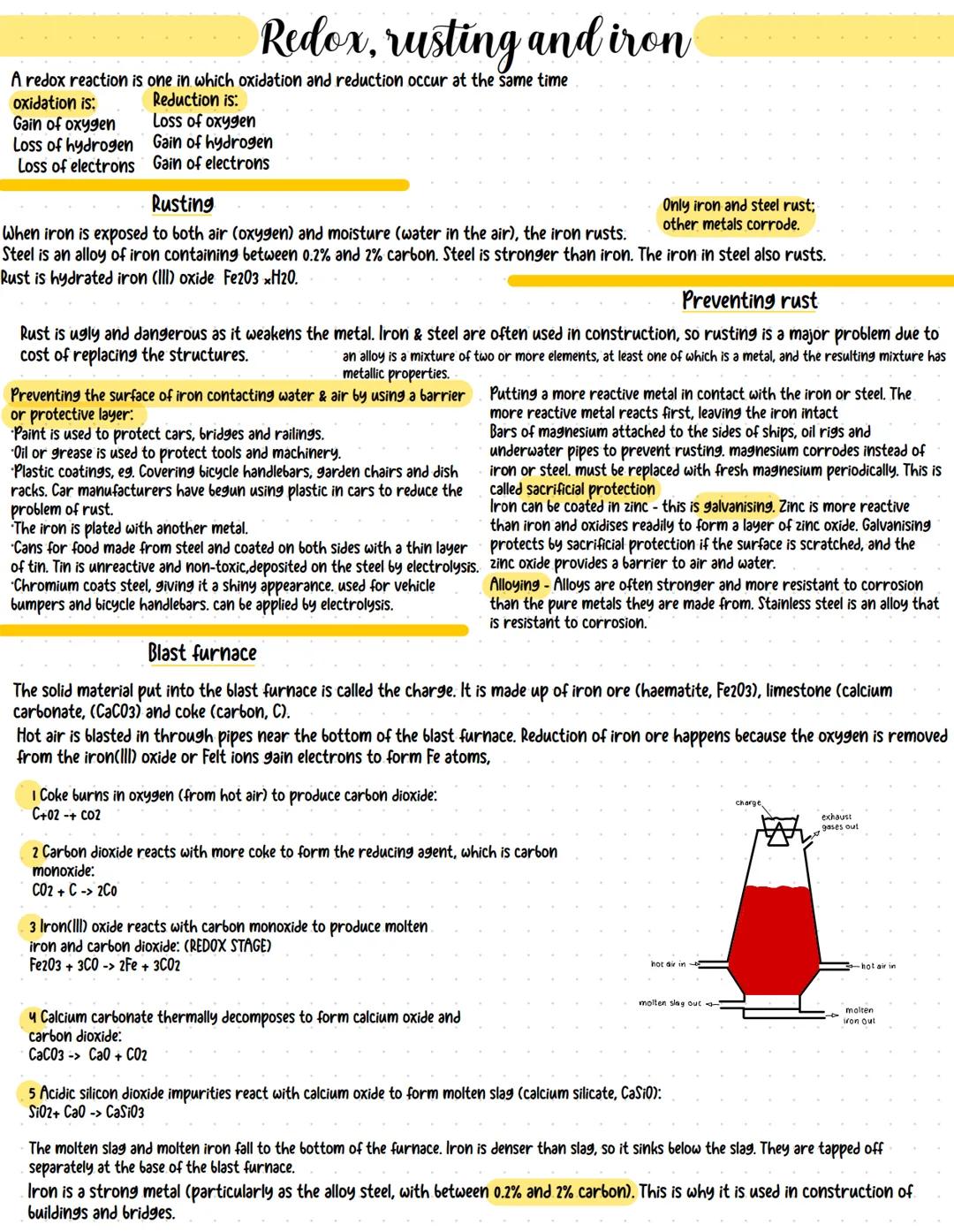# Redox, rusting and iron

A redox reaction is one in which oxidation and reduction occur at the same time

oxidation is:
Reduction is:
Gain