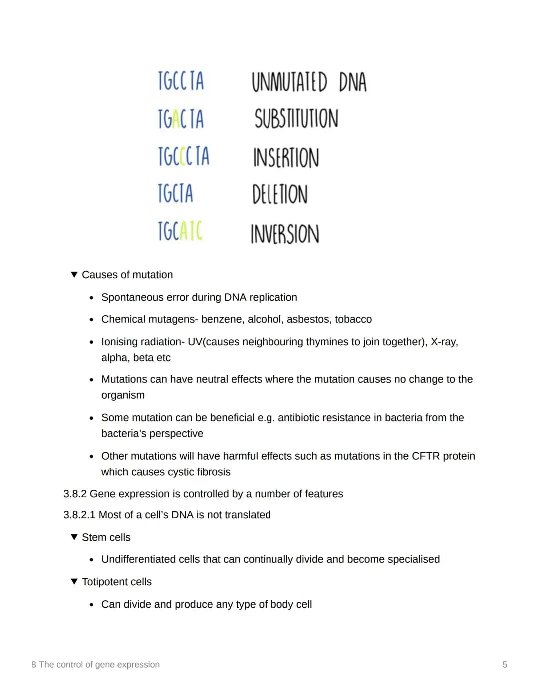 8 The control of gene expression
EAS/A level A level
3.8.1 Alteration of the sequence of bases in DNA alters the structure of proteins
▾ Sub