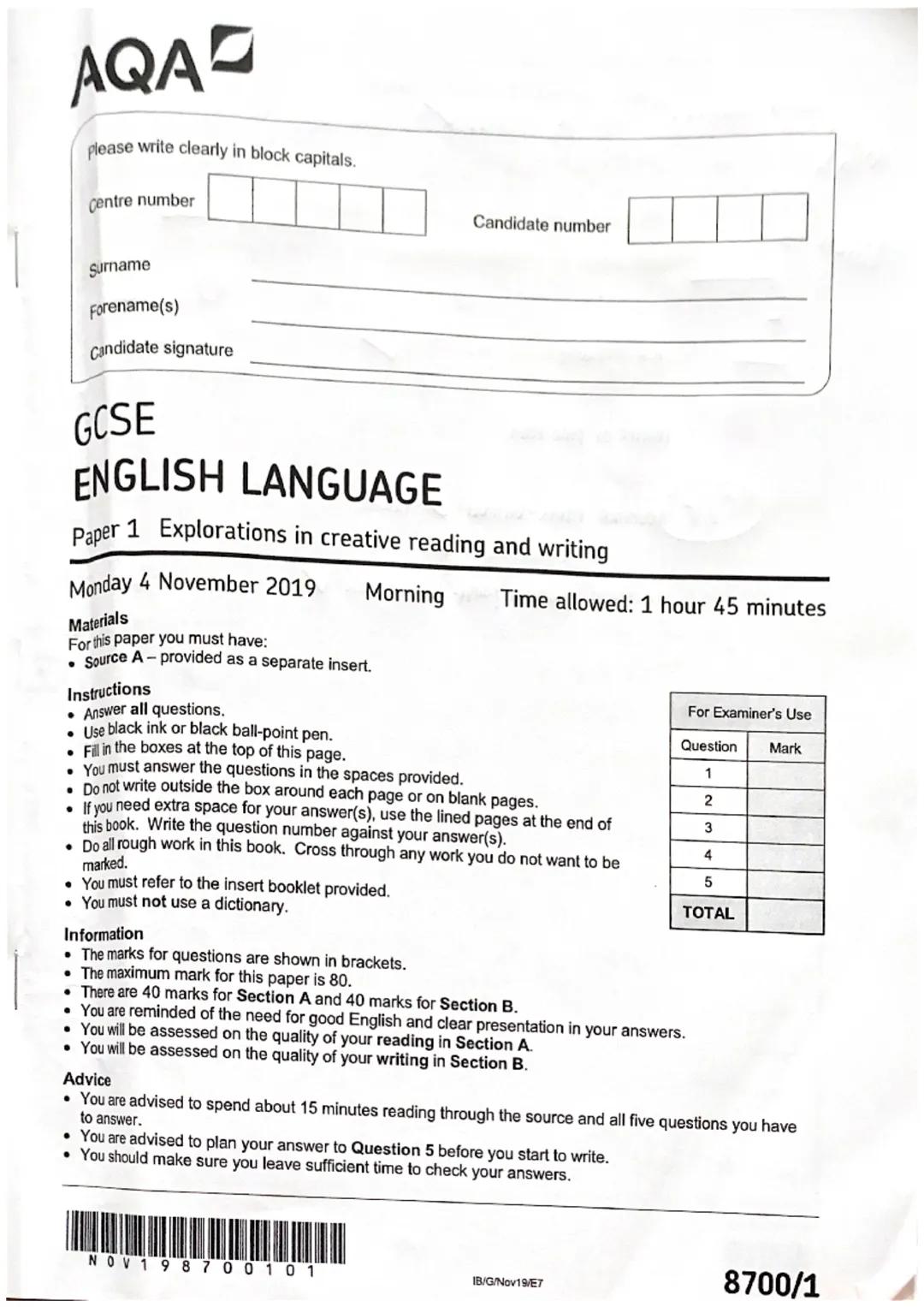 AQAD
please write clearly in block capitals.
Centre number
Candidate number
Surname
Forename(s)
Candidate signature
GCSE
ENGLISH LANGUAGE
Pa