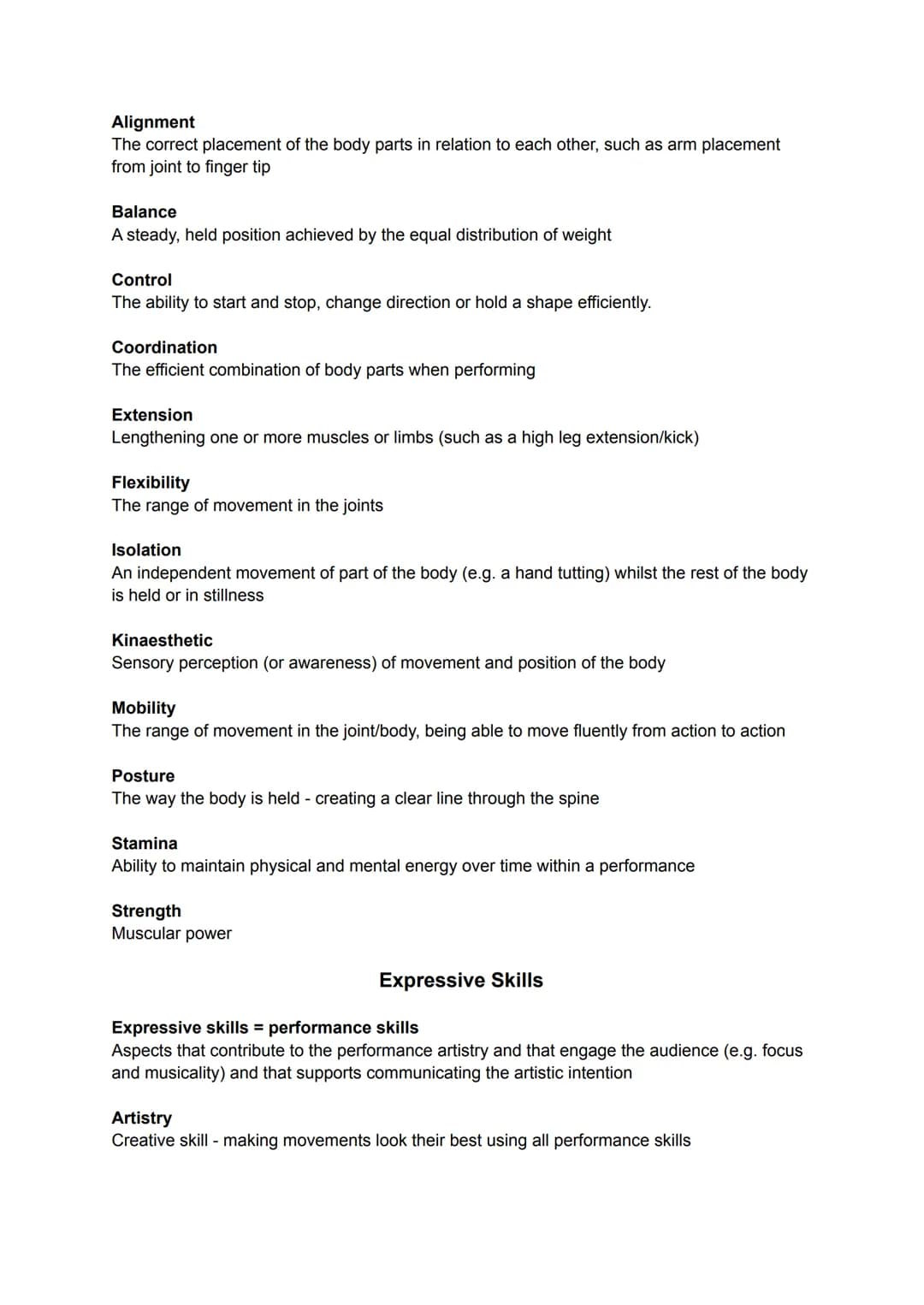GCSE Dance: Subject Specific Vocabulary
Actions
What a dancer is doing: travelling, turning, elevation, gesture, stillness, use of body part