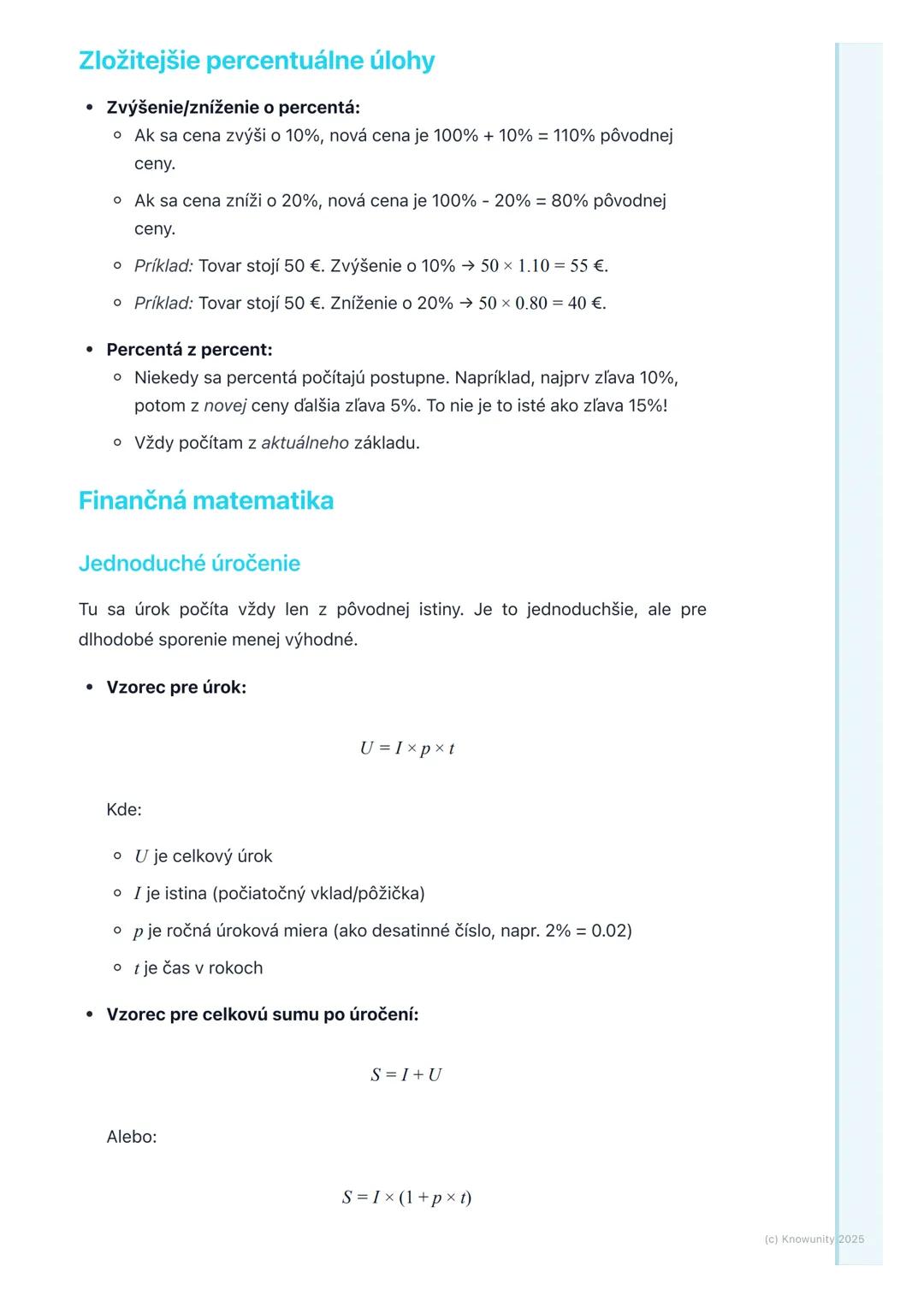 # Percentá a finančná
matematika

1. Prehľad a úvod

Takže, ideme sa pozrieť na percentá a finančnú matematiku. Je to dôležité,
lebo percent