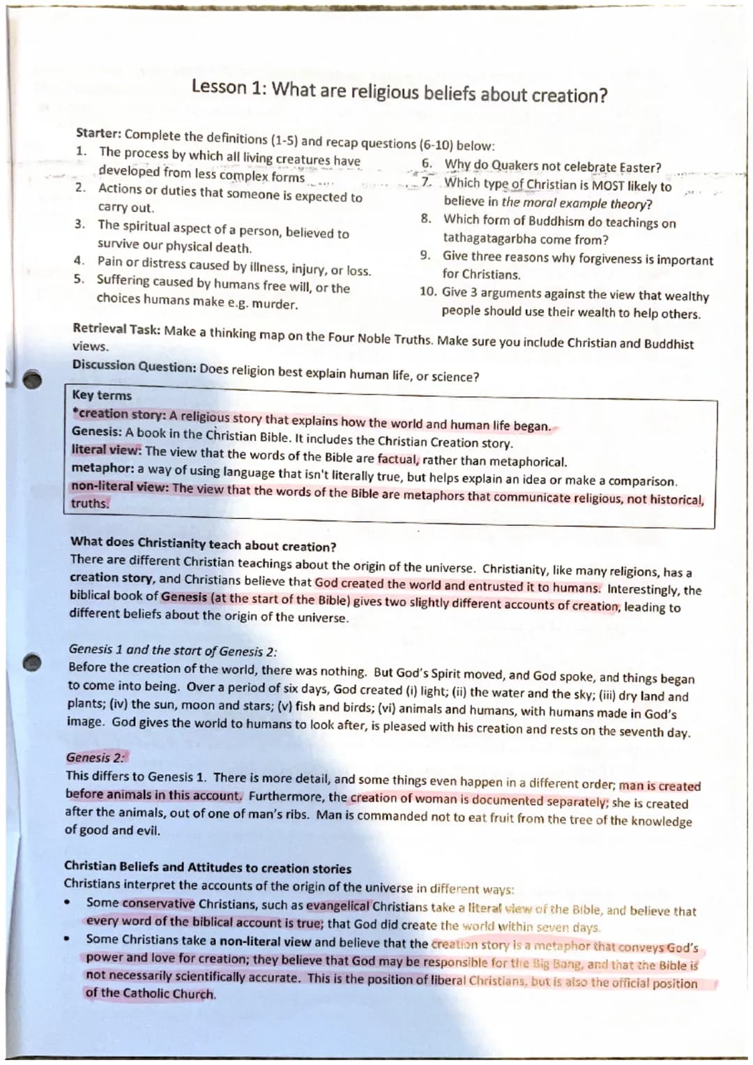 Lesson 1: What are religious beliefs about creation?
Starter: Complete the definitions (1-5) and recap questions (6-10) below:
1. The proces